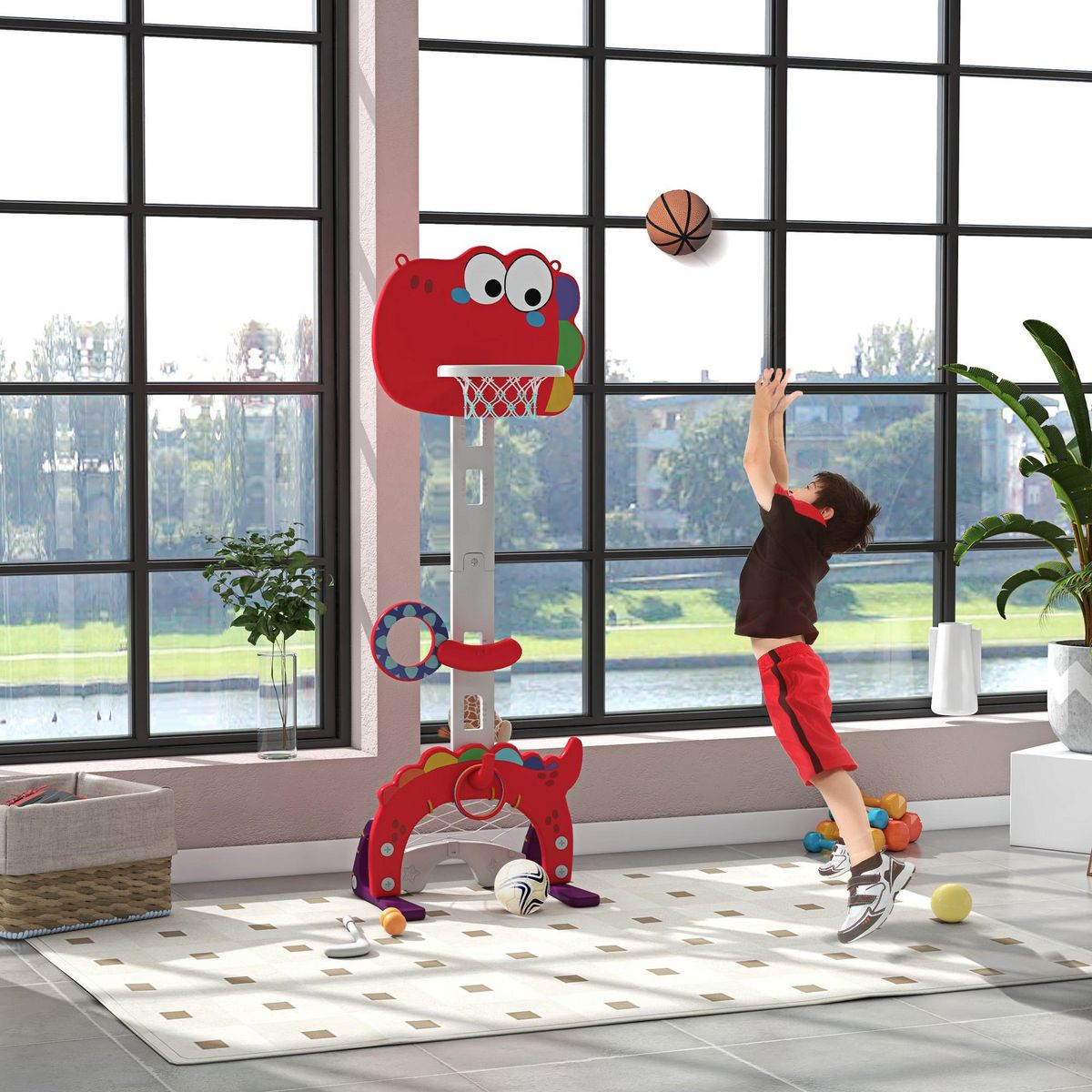 HOMCOM Panier de basket enfant multifonction design dino 3-6 ans - but, golf, 2 jeux de lancer - hauteur réglable - HDPE gris rouge