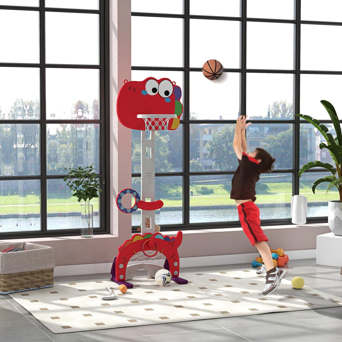 HOMCOM Panier de basket enfant multifonction design dino 3-6 ans - but, golf, 2 jeux de lancer - hauteur réglable - HDPE gris rouge