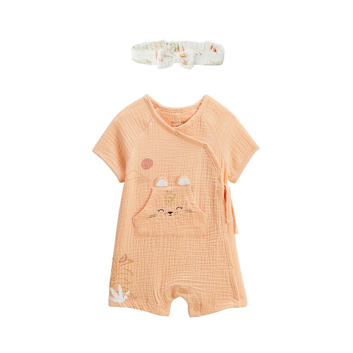 Petit Béguin Barboteuse bébé + headband en gaze de coton Sierra