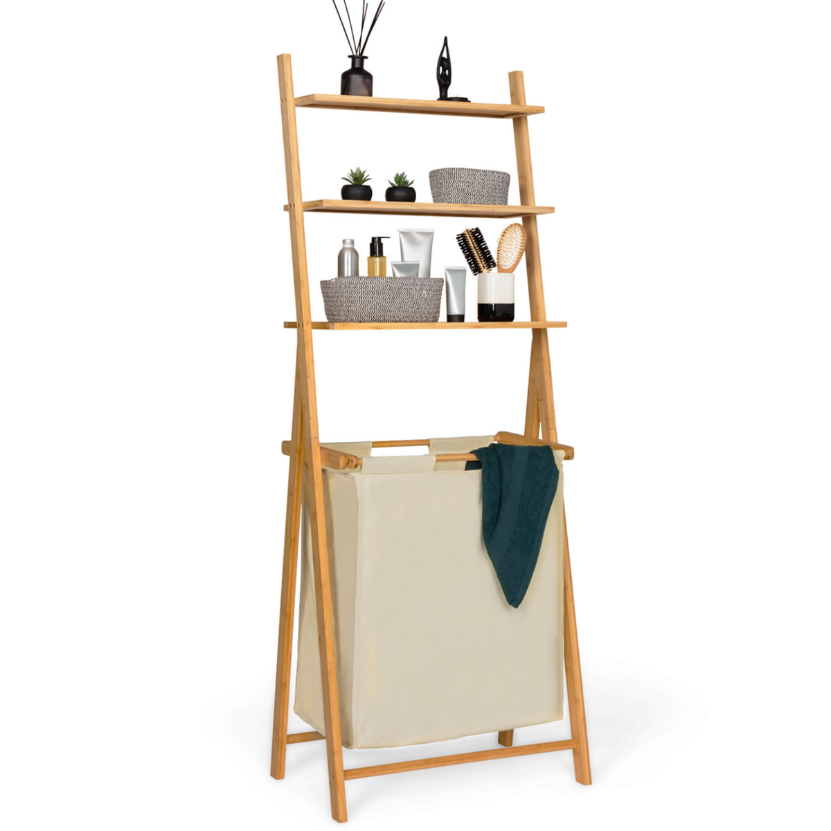 ID MARKET Panier à linge 2 bacs bambou LANA avec étagères tissu écru