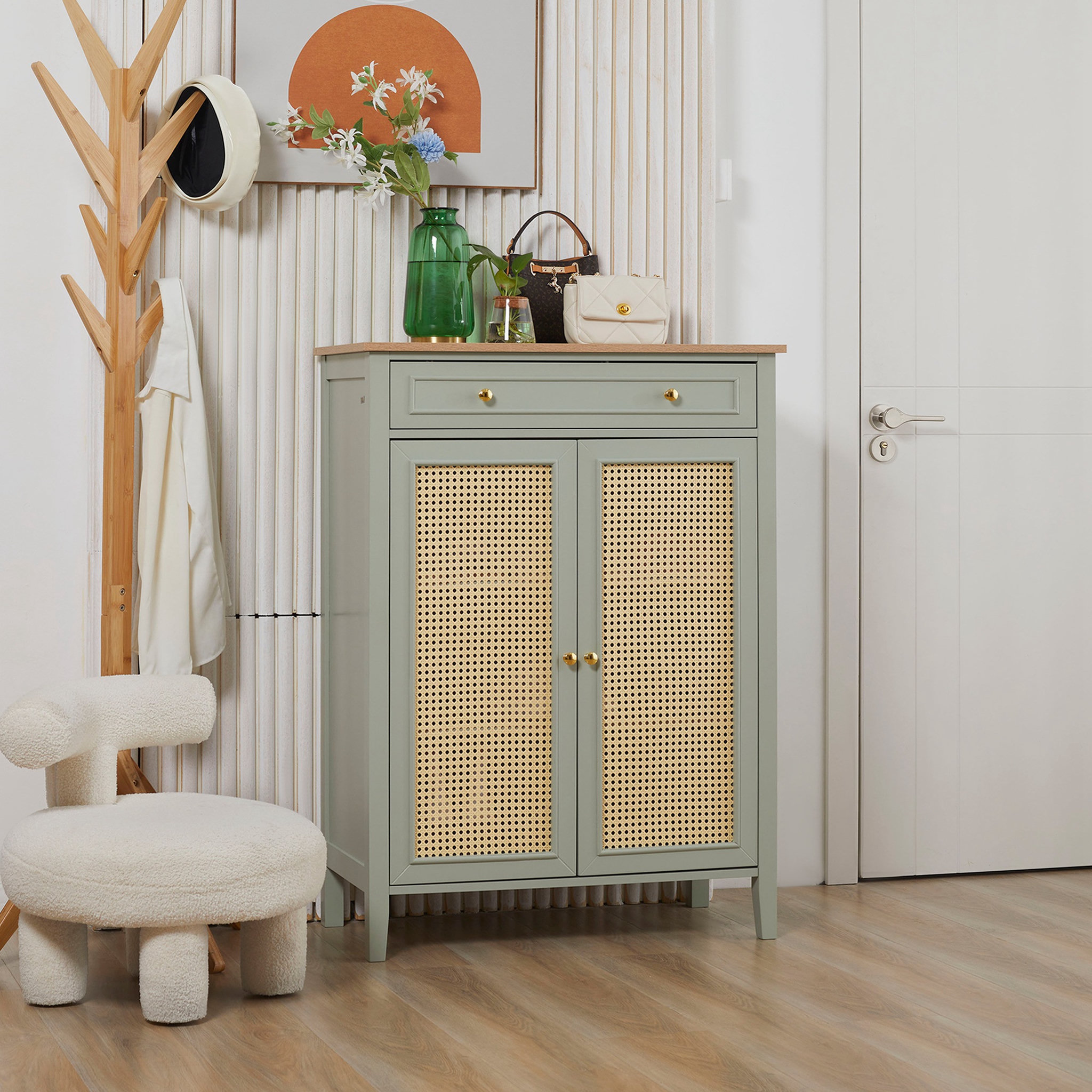 Voir la diapositive 2 : HOMCOM Meuble à chaussures style bohème chic - 2 portes 2 étagères réglables tiroir - MDF vert d'eau aspect chêne clair rotin