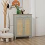 Voir la diapositive 2 : HOMCOM Meuble à chaussures style bohème chic - 2 portes 2 étagères réglables tiroir - MDF vert d'eau aspect chêne clair rotin