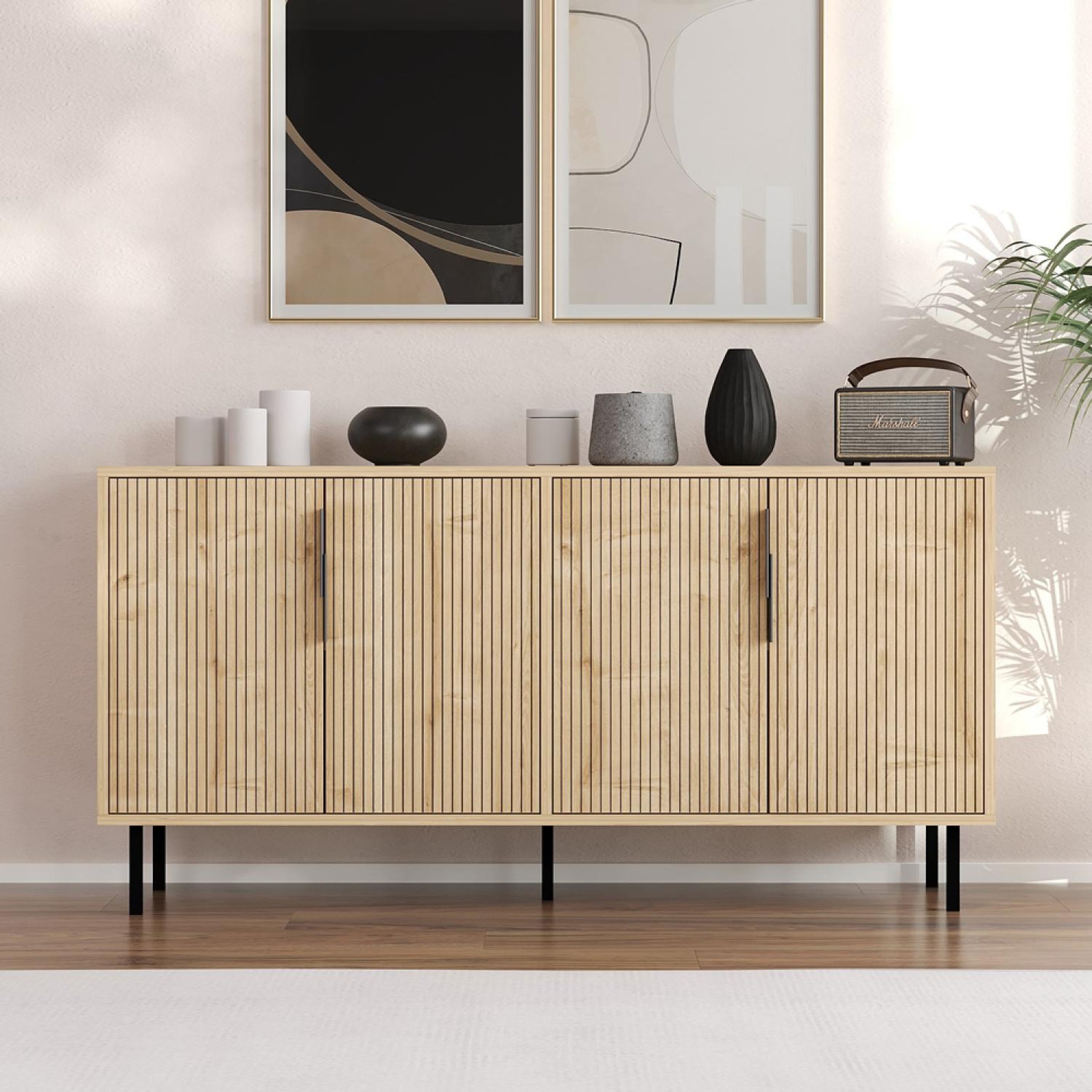 Voir la diapositive 2 : CONCEPT USINE Buffet cannelé 4 portes aspect bois 150x75cm ciaro