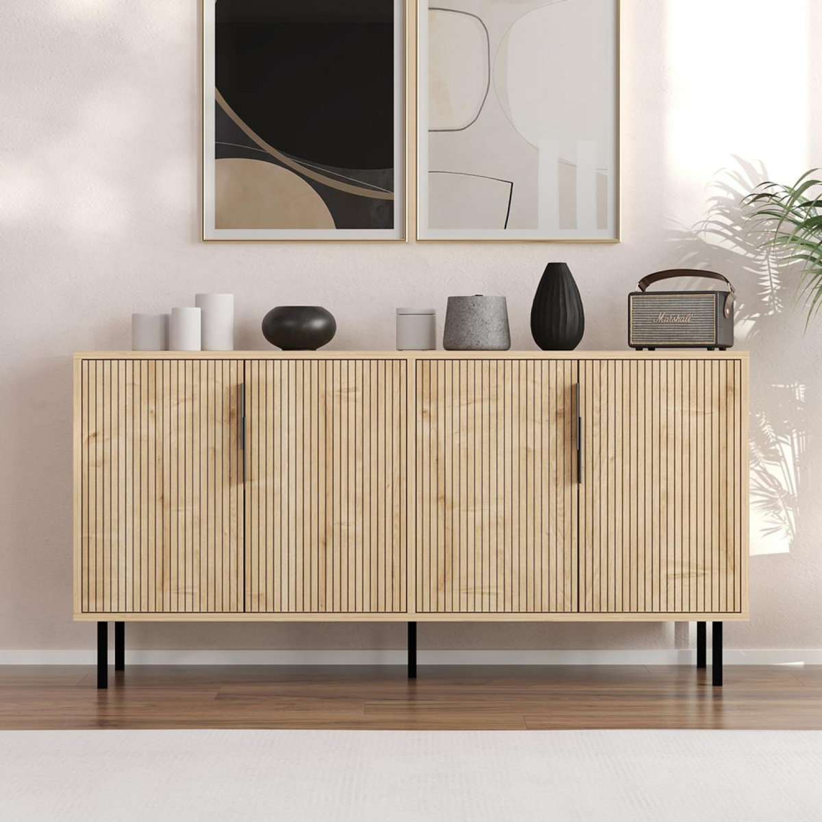 CONCEPT USINE Buffet cannelé 4 portes aspect bois 150x75cm CIARO