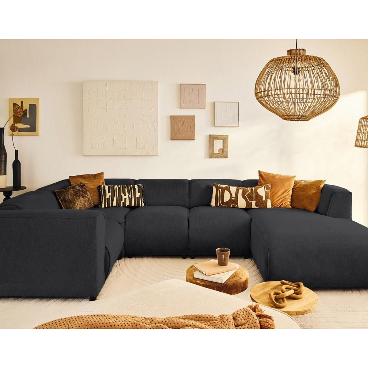 LISA DESIGN Suaro - canapé modulable panoramique d'angle gauche 7 places en tissu texturé