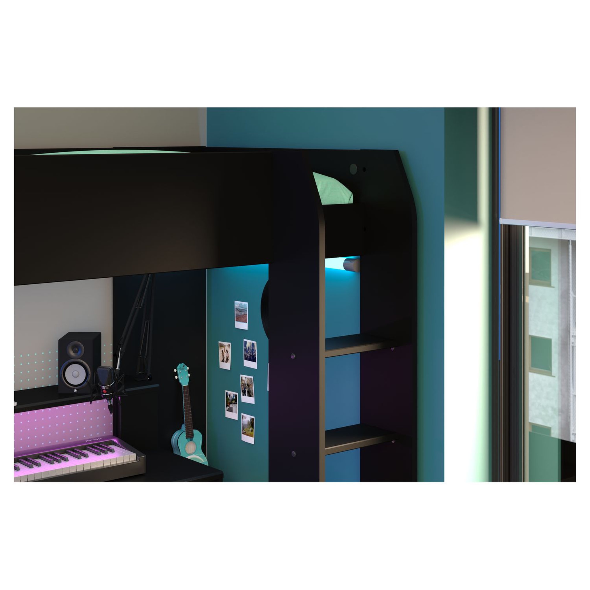 Voir la diapositive 9 : Lit mezzanine gaming à LED 90x200 cm avec bureau et rangement CONNECT