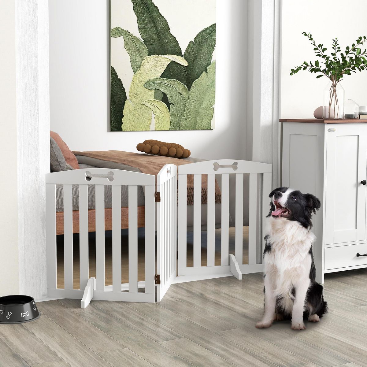 PAWHUT Barrière de sécurité chien pliable adaptable motif os - piètement support antidérapant - 155 x 30 x 61 cm - MDF blanc