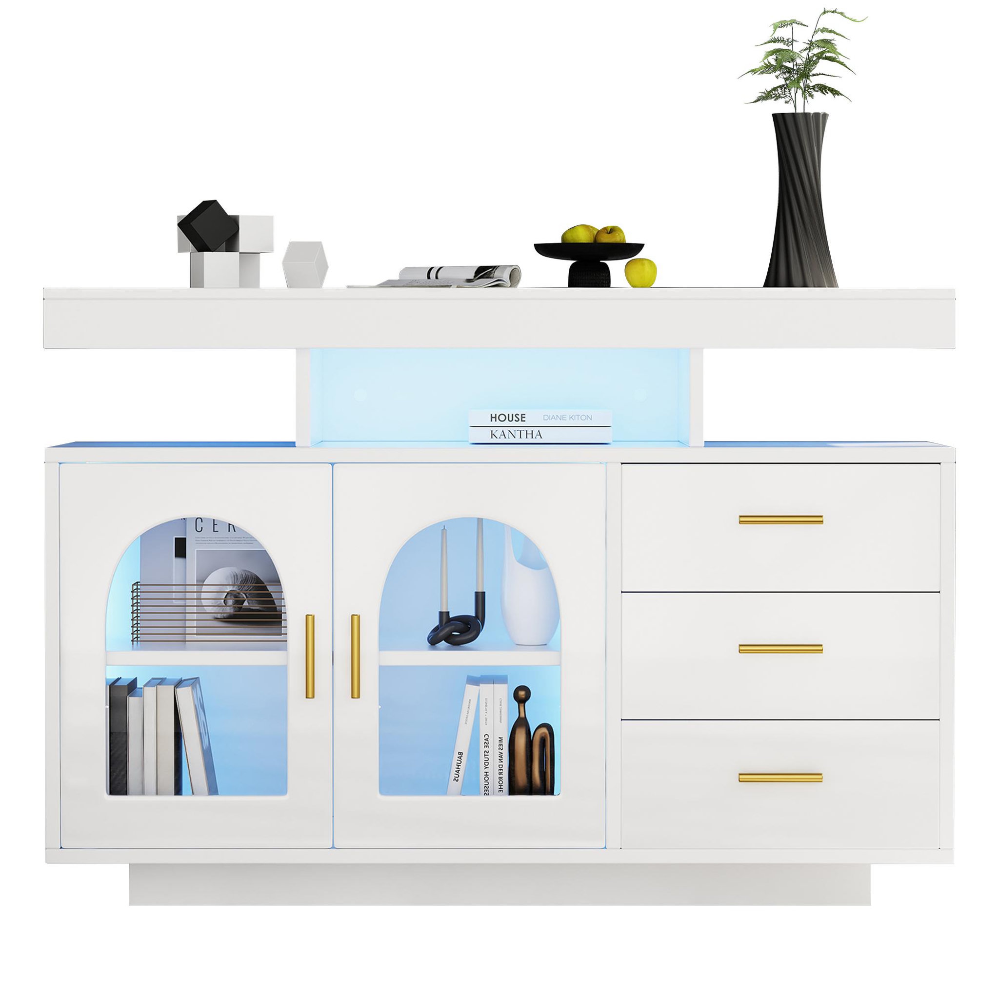 MERAX Buffet 2 porte(s) 3 tiroir(s) - 120 cm blanc led panneau de particules