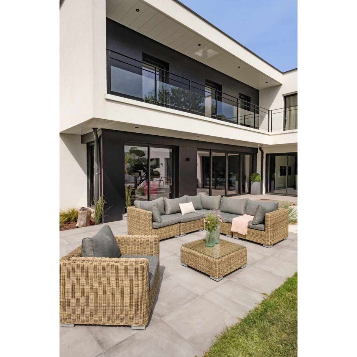 PARIS GARDEN Salon bas de jardin modulable - 6 places - Résine tressée - miel - MONTMARTRE