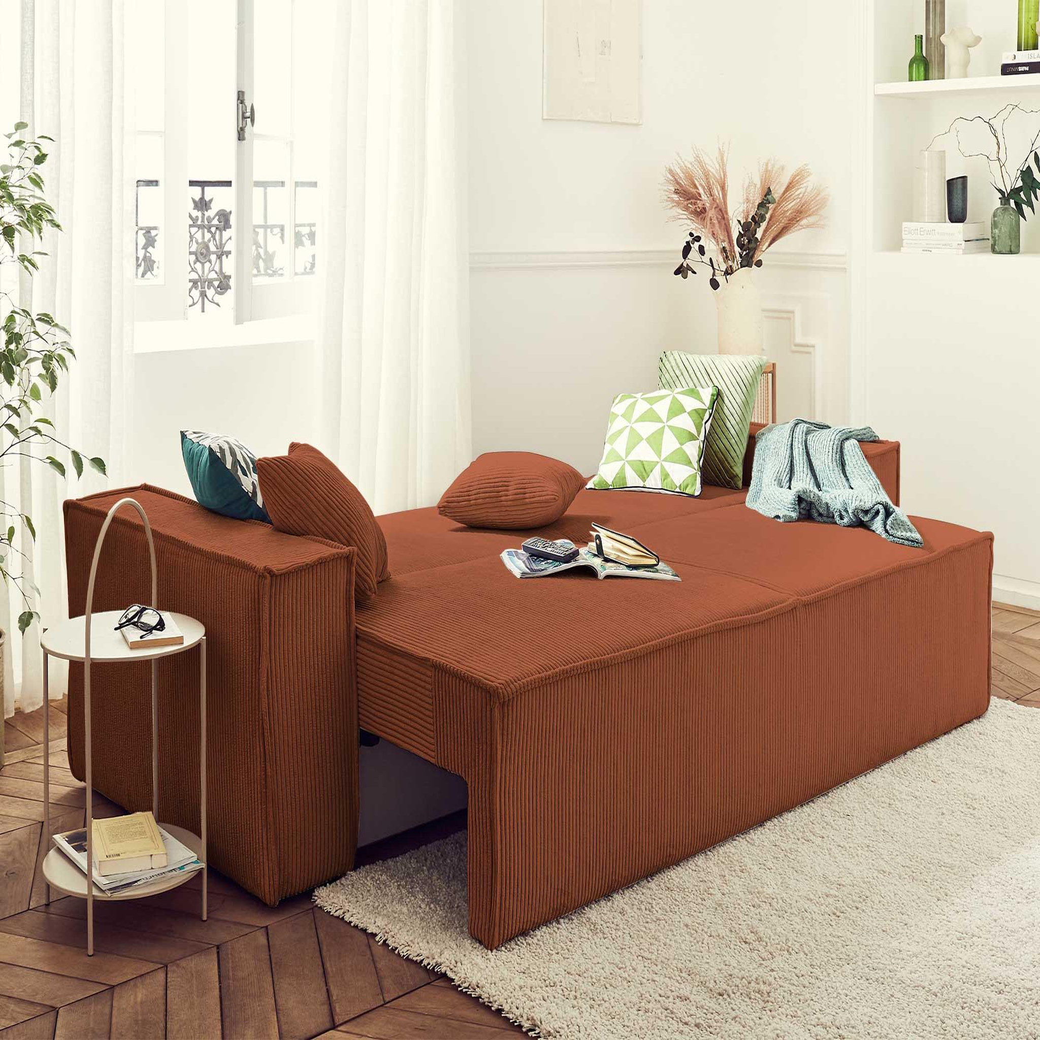 Voir la diapositive 2 : BEST MOBILIER Dellia - canapé 3 places convertible - avec coffre - en velours côtelé - style contemporain