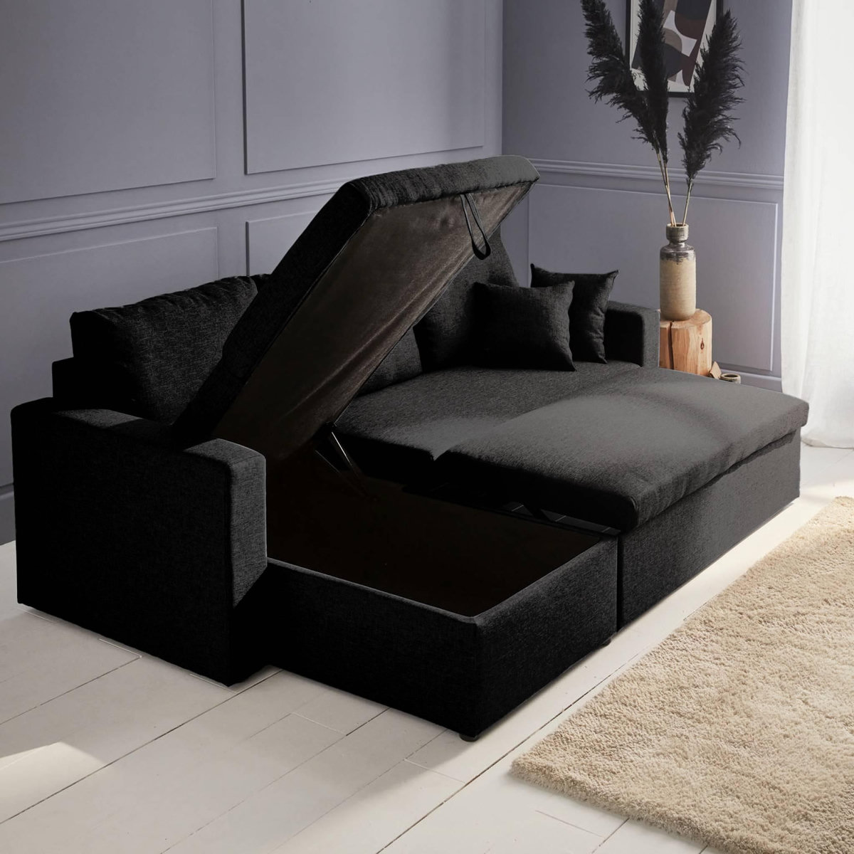 SWEEEK Canapé d'angle convertible en tissu noir - IDA - 3 places. fauteuil d'angle réversible coffre rangement lit modulable