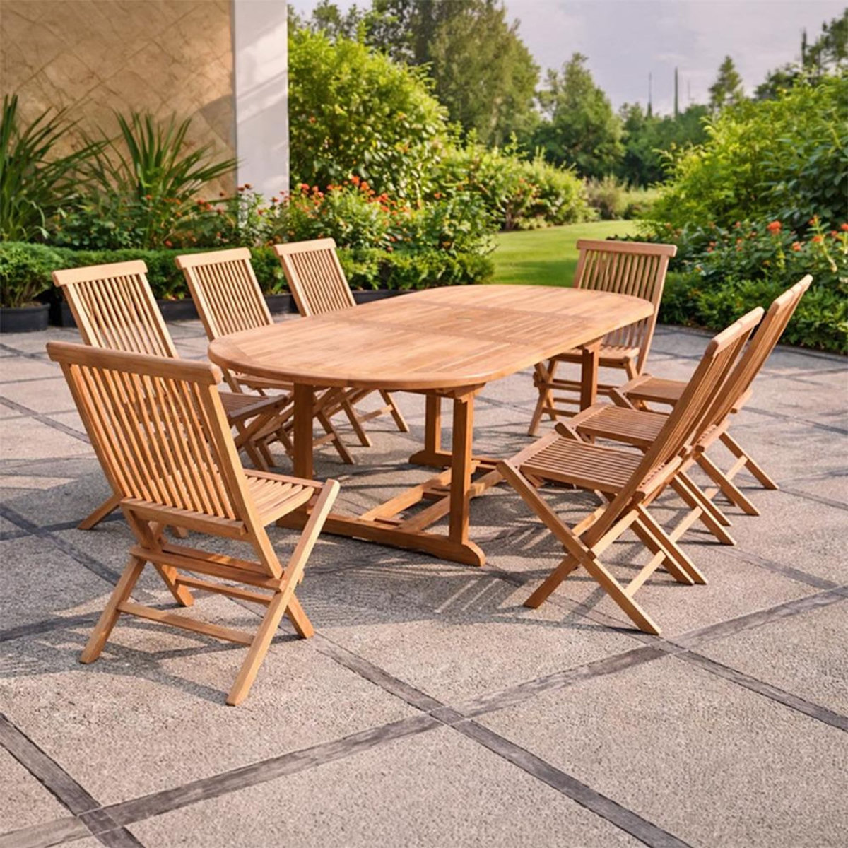 CONCEPT USINE Salon de jardin Teck massif 8 à 10 personnes - Table ovale + 8 chaises KAJANG