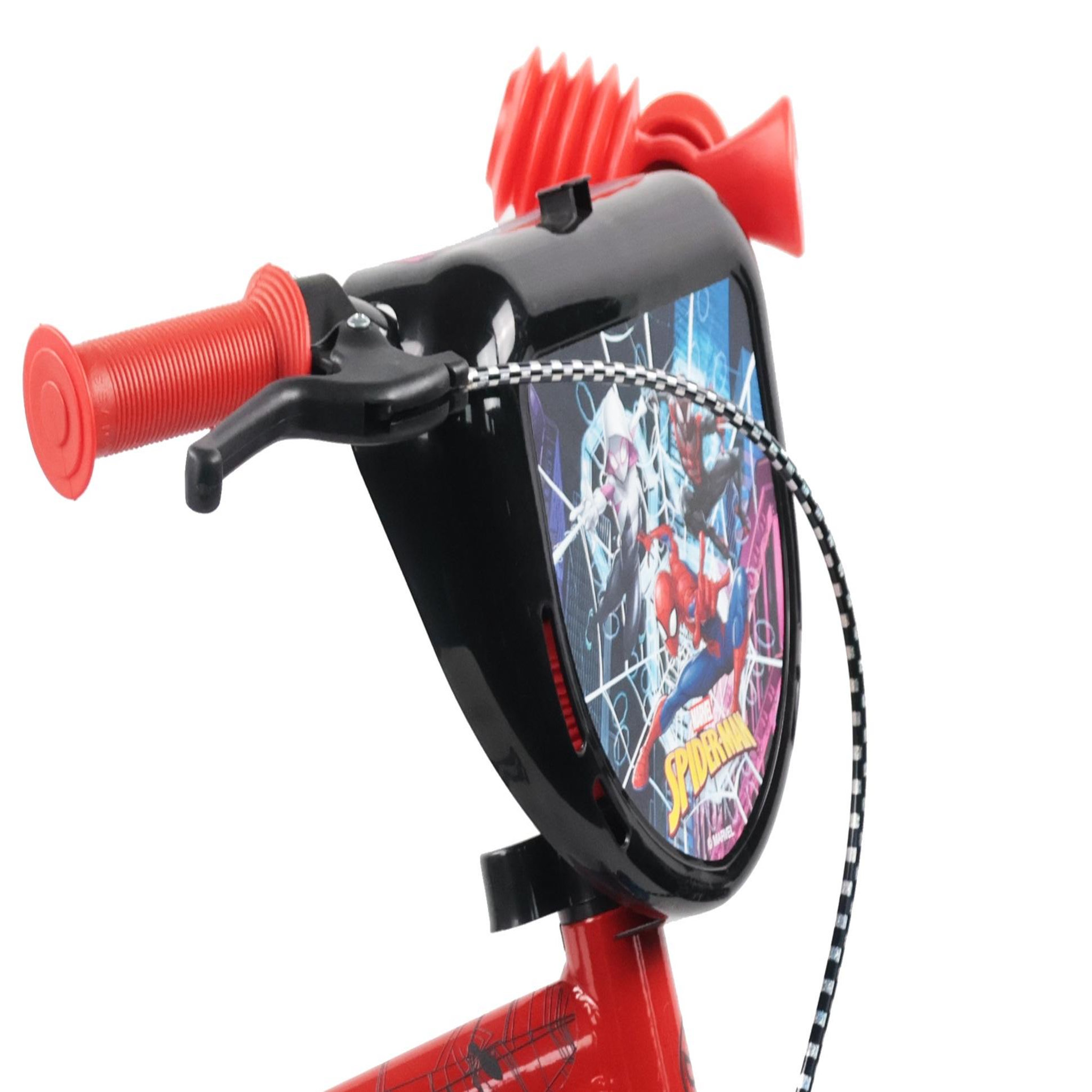 Voir la diapositive 2 : Spiderman Vélo enfant 10'' spiderman avec 1 frein, plaque avant décorative , bidon arrière, stabilisateurs & pneus increuvables