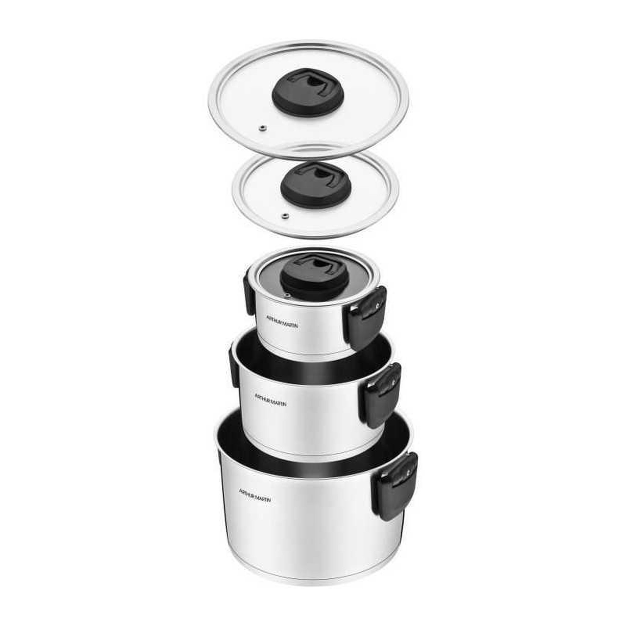 Voir la diapositive 4 : Arthur Martin Arthur martin am6321 – set de 3 casseroles en acier inoxydable avec poignées pliables