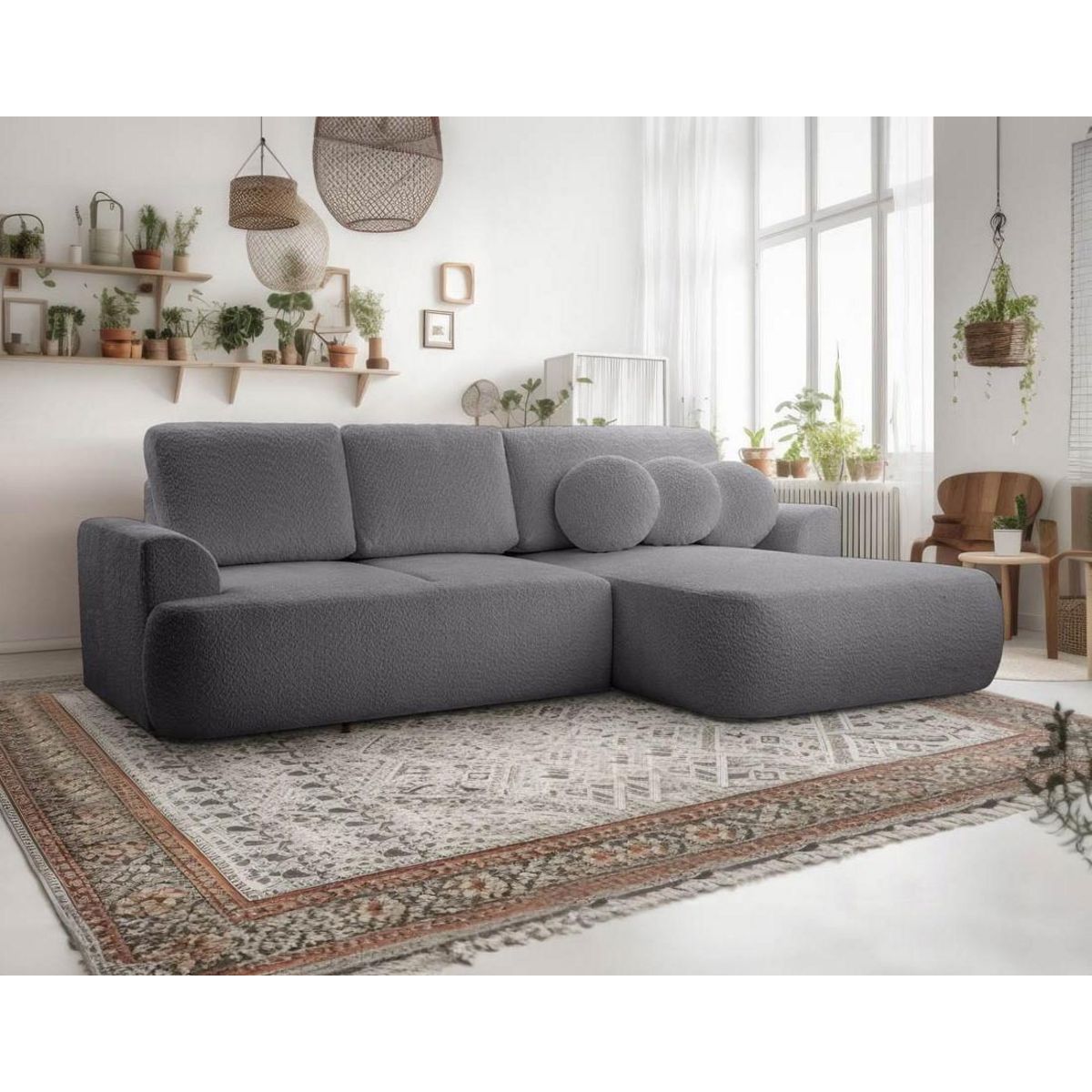 BEST MOBILIER Candela - canapé d'angle droit 4 places - convertible avec coffre - en tissu bouclette