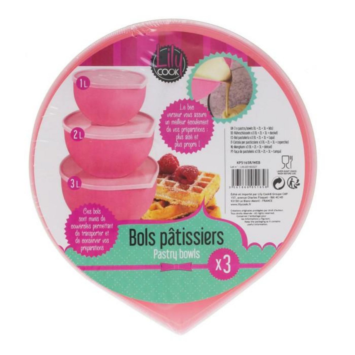 Paris Prix Lot de 3 Bols Pâtissiers  Couvercles  24cm Rose