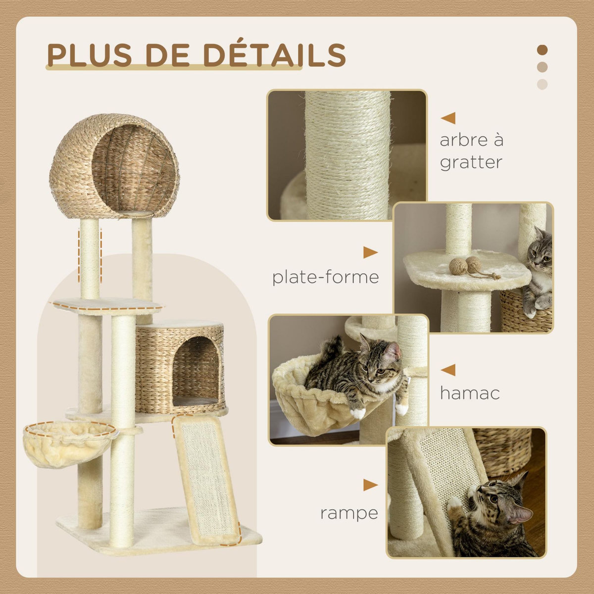 PAWHUT Arbre à chat style cosy chic griffoirs grattoir sisal 2 grandes niches plateforme hamac peluche courte beige jacinthe d'eau
