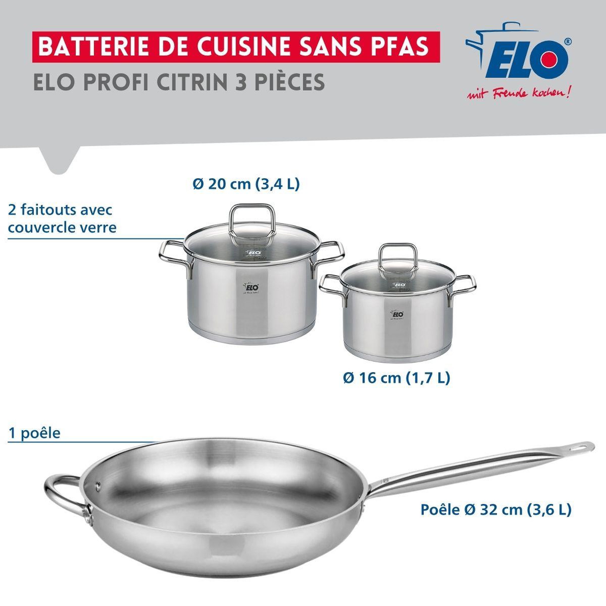 Voir la diapositive 2 : ELO Ensemble de 1 poêle de cuisson 32 cm et 2 faitouts 16 et 20 cm elo profi citrin