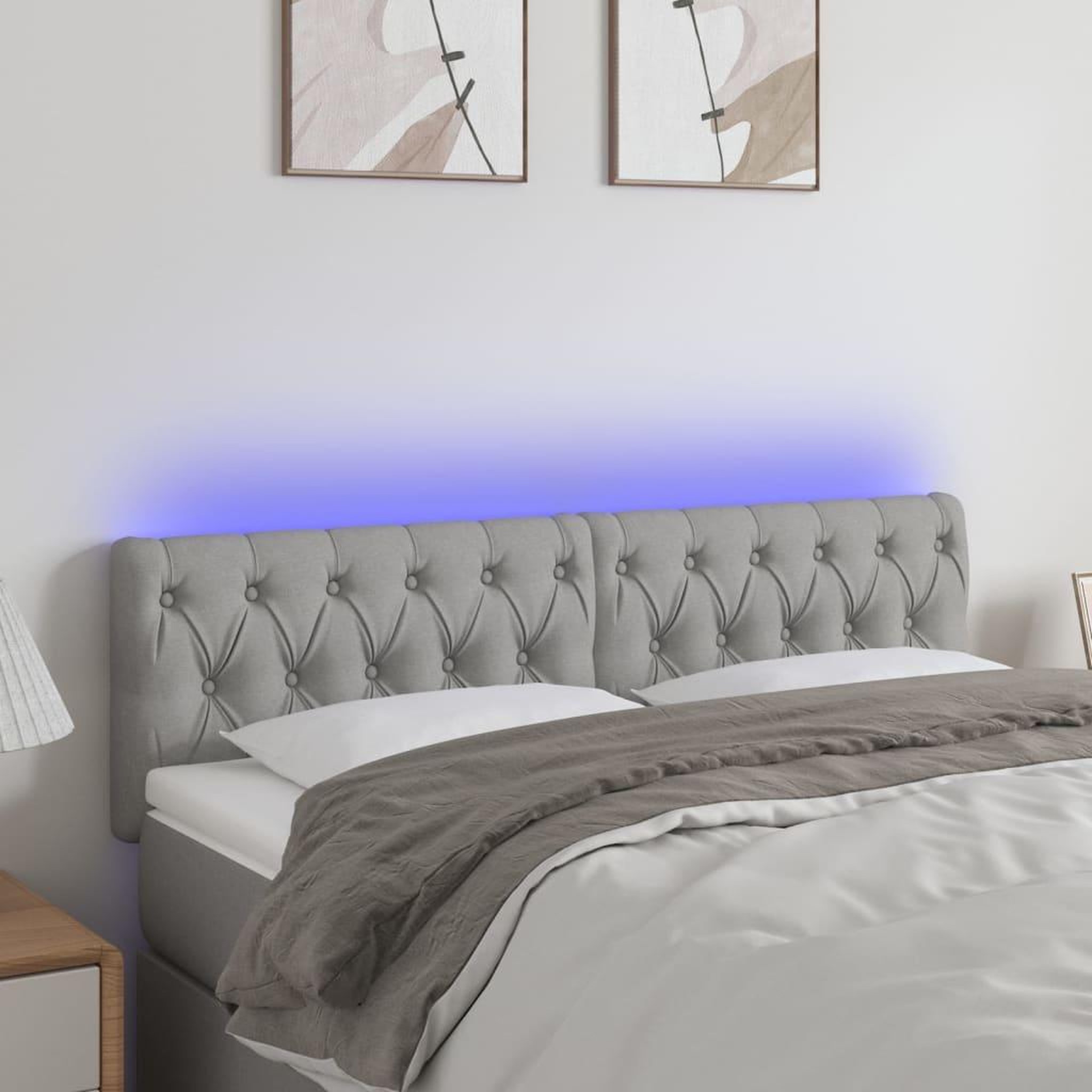 Voir la diapositive 1 : VIDAXL Tete de lit a LED Gris clair 144x7x78/88 cm Tissu