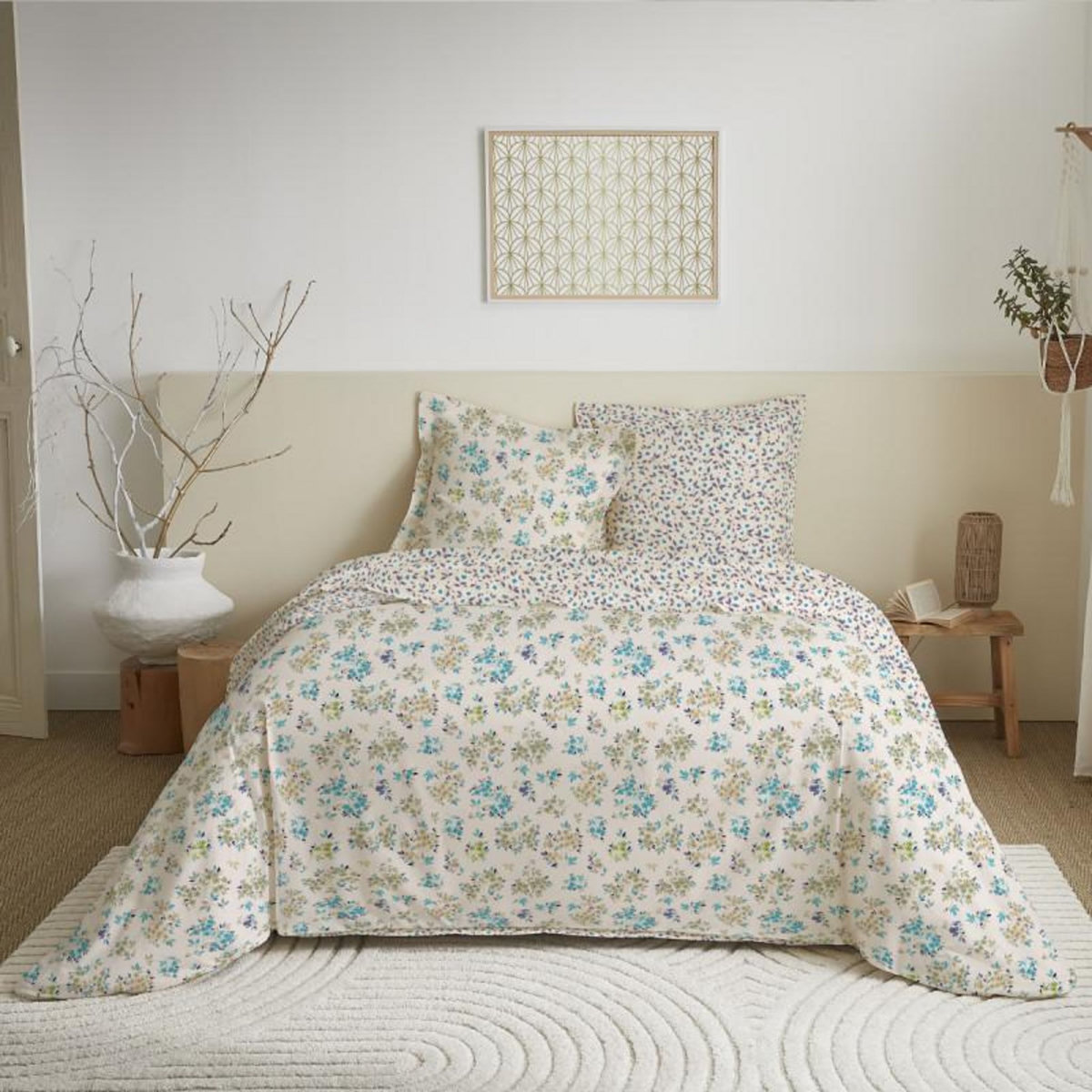 COTON PUR Parure de draps 4 pièces pour lit 160 x 200 cm  Grande largeur  Tanya cyan