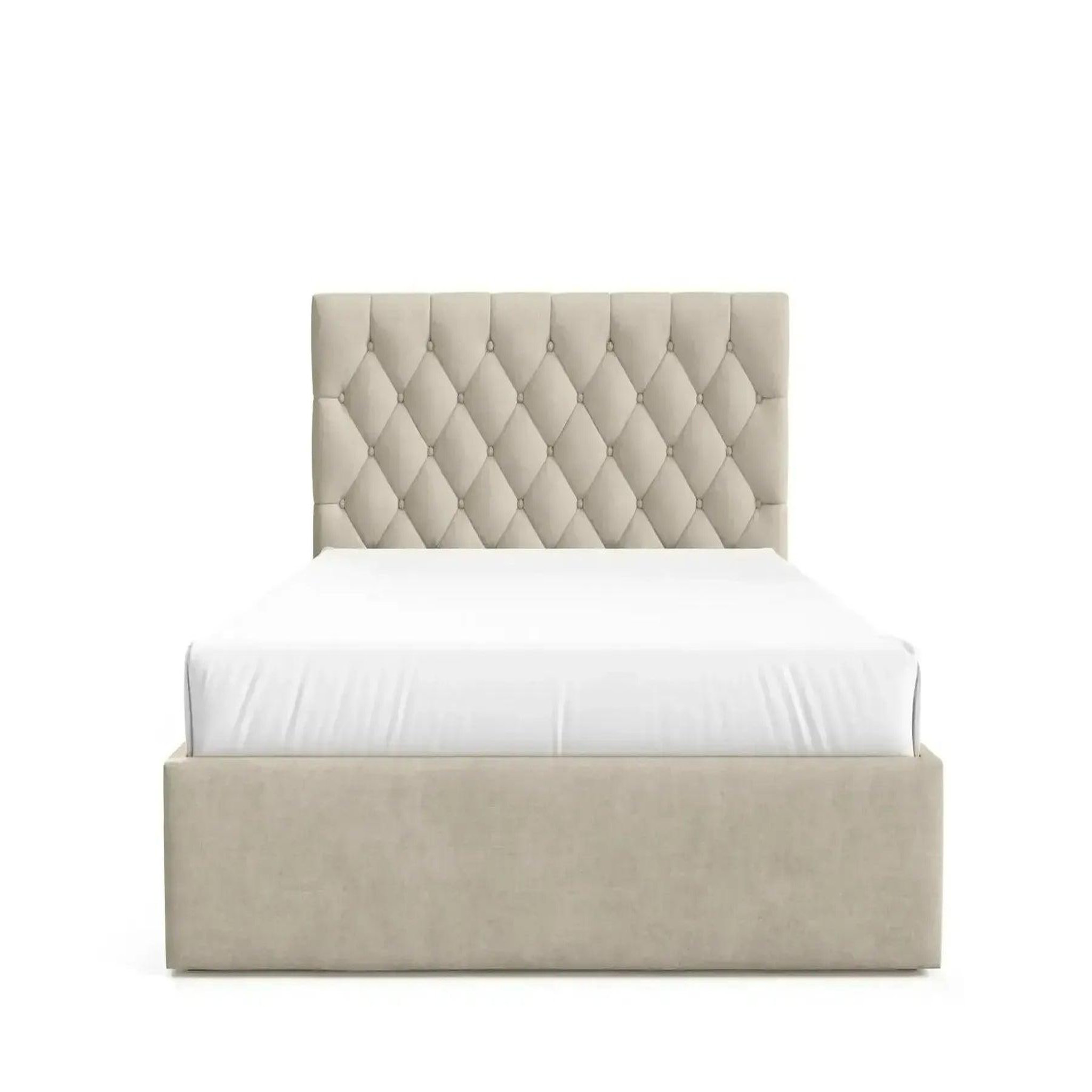 CASANOVA PARIS Emile - lit coffre tissu velours. Coloris disponibles : Beige, Gris, Rose, Vert, Bleu