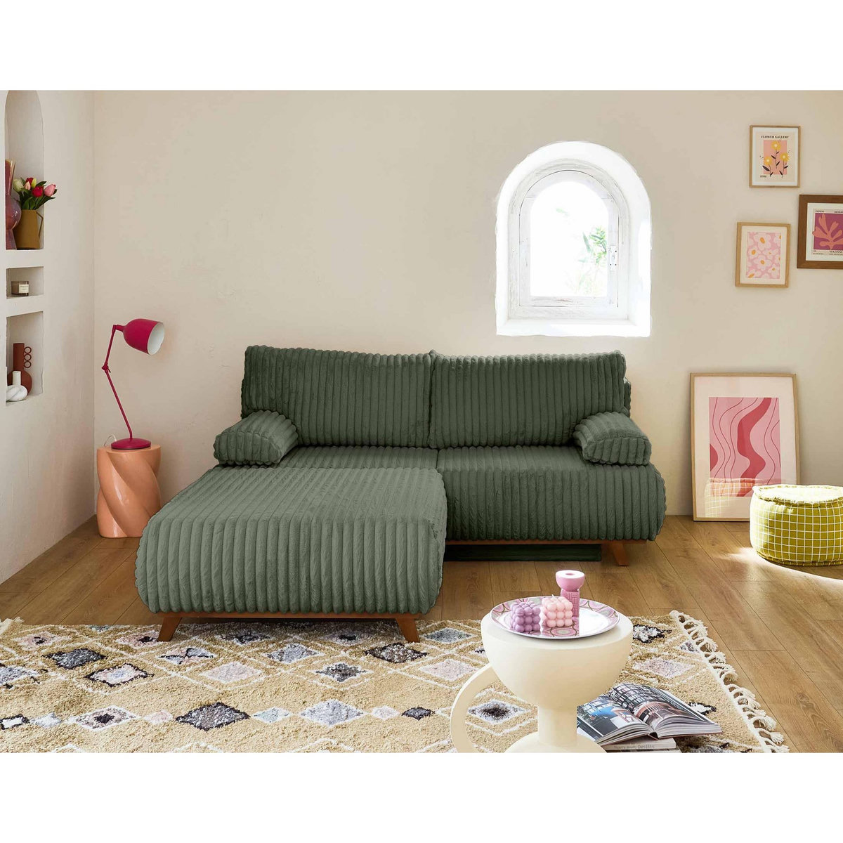 BEST MOBILIER Cristal - canapé 3 places - convertible avec coffre et grand pouf - en fausse fourrure côtelée