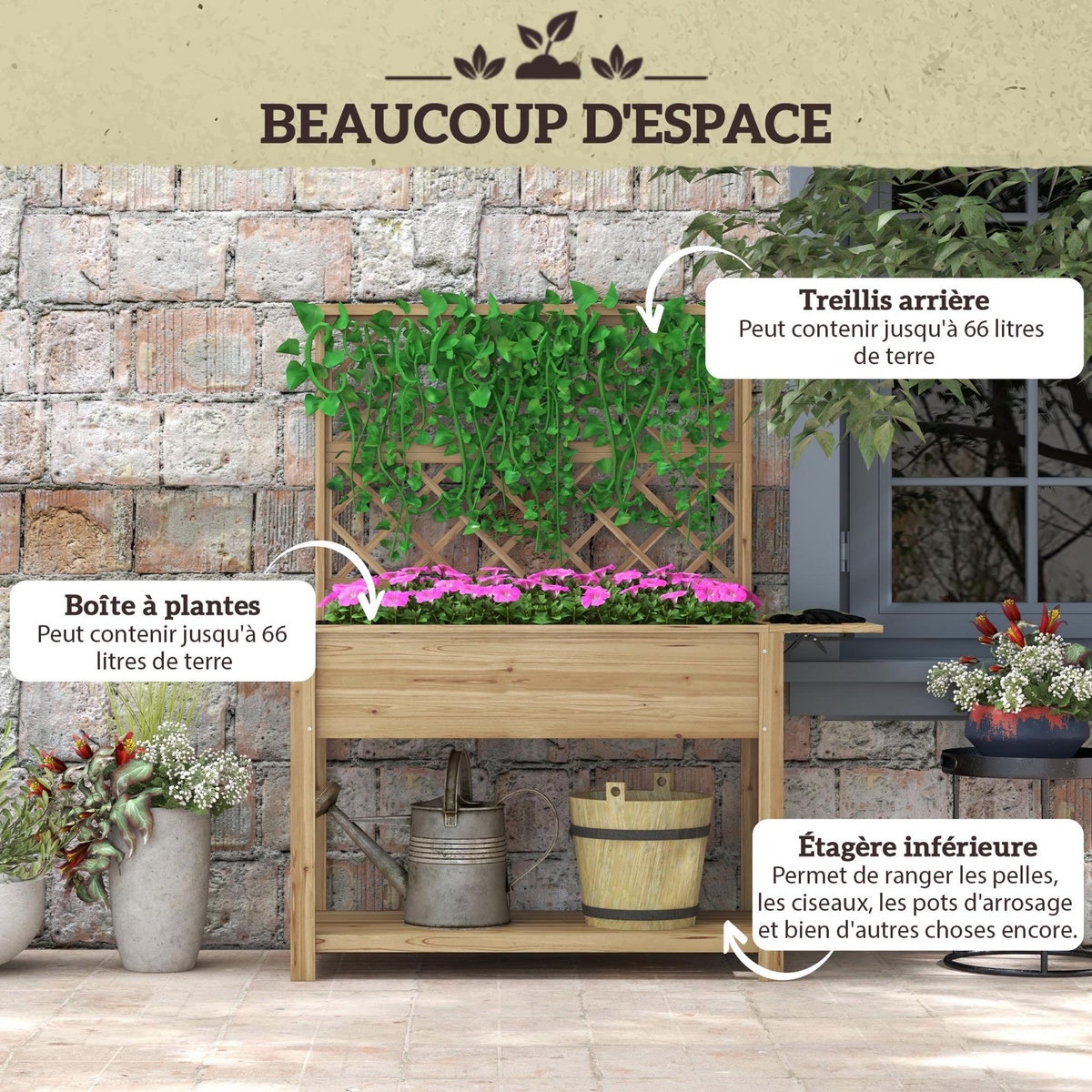 OUTSUNNY Jardinière rectangulaire sur pied avec treillis - tablettes, étagère - bois sapin autoclave