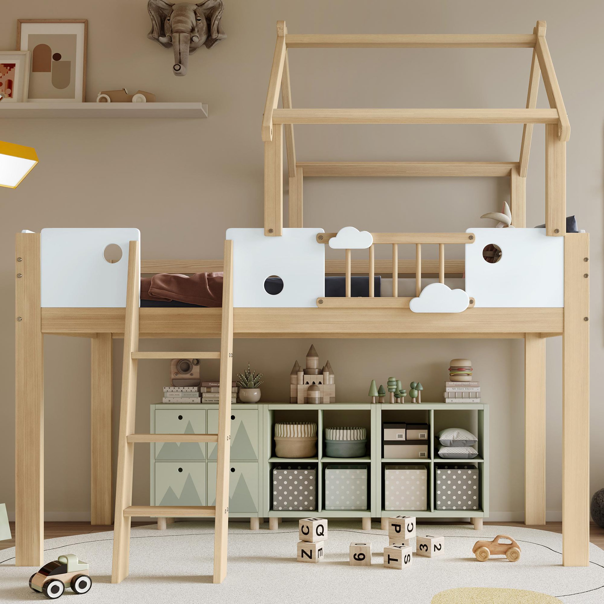 Voir la diapositive 2 : MERAX Lit combiné enfant 90x200cm coloris naturel+blanc pin et mdf