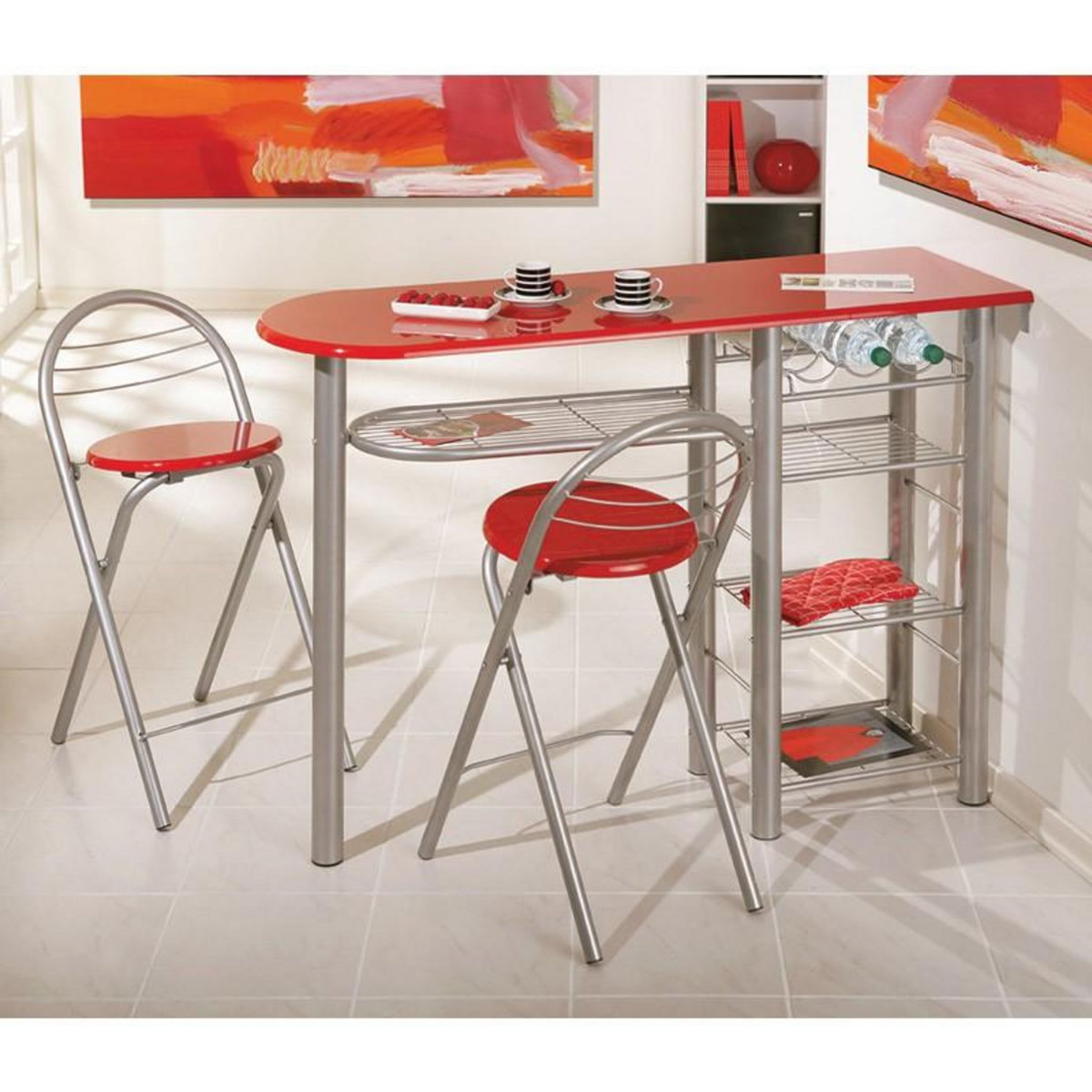 Paris Prix Ensemble Table de Bar & 2 Tabourets  Quickly  Rouge