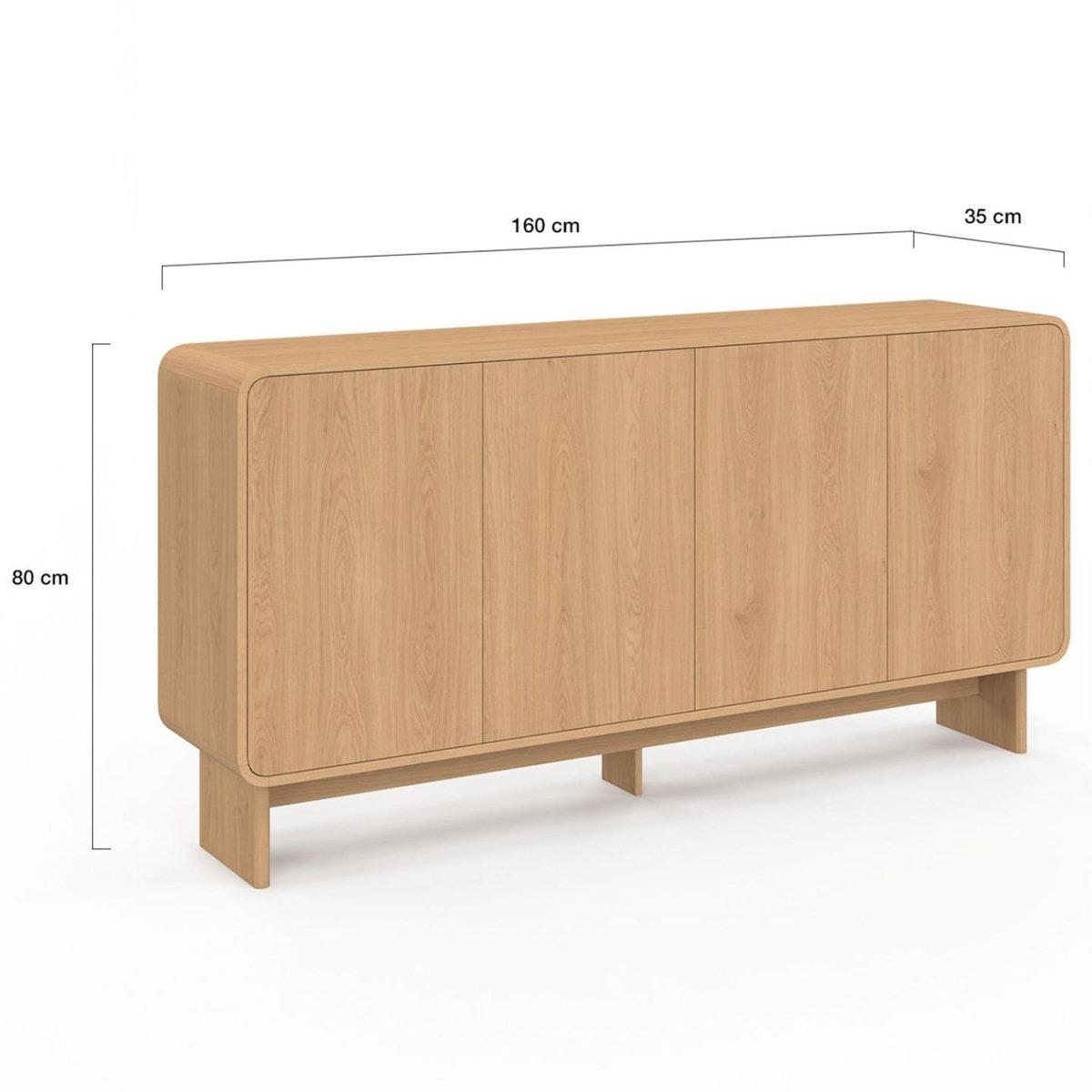 ID MARKET Buffet 160 cm CAPUCINE XXL 4 portes façon hêtre design arrondi