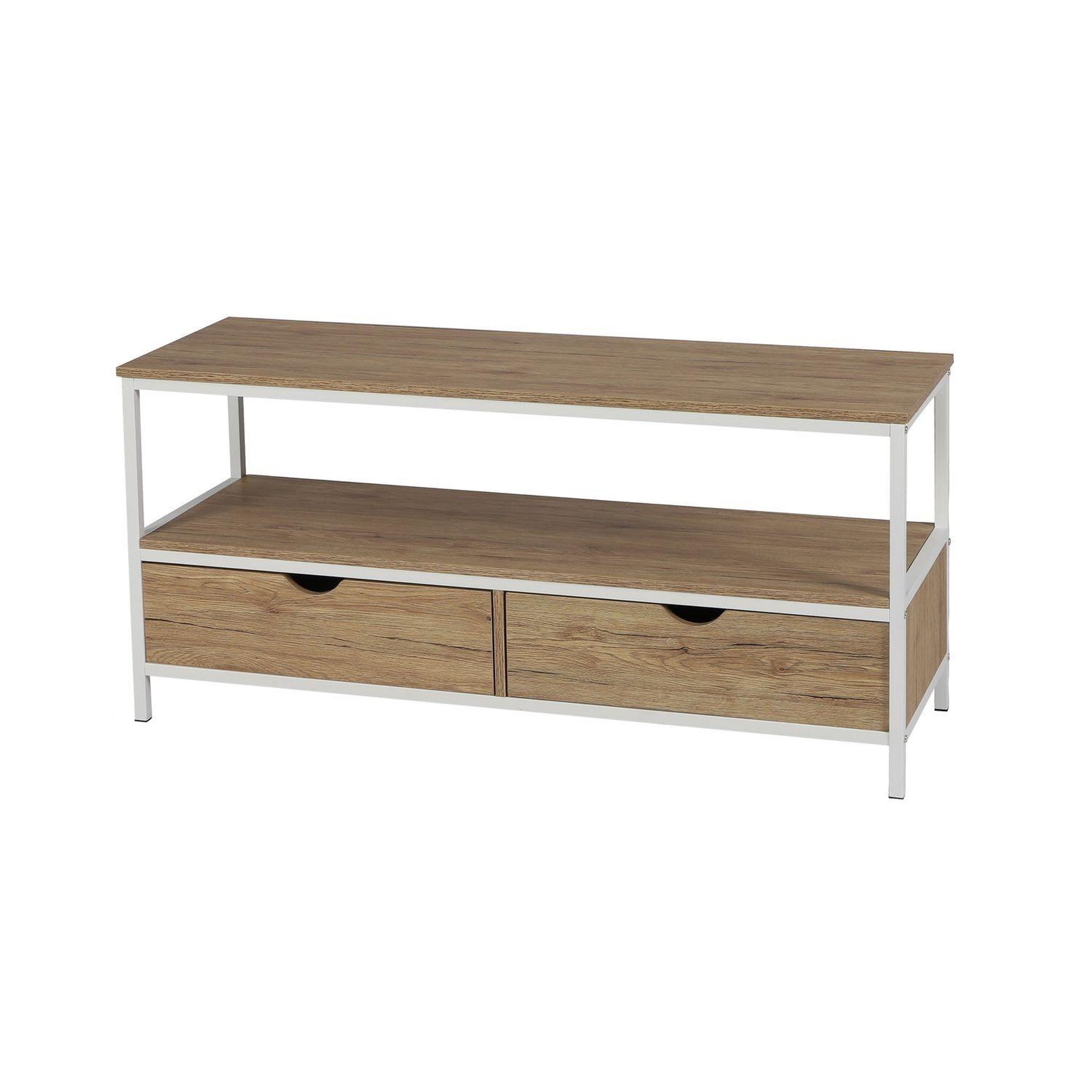 TOILINUX Meuble tv casa blanca en panneaux de particules et métal 2 tiroirs - l.120 cm x h.57 cm - beige et blanc