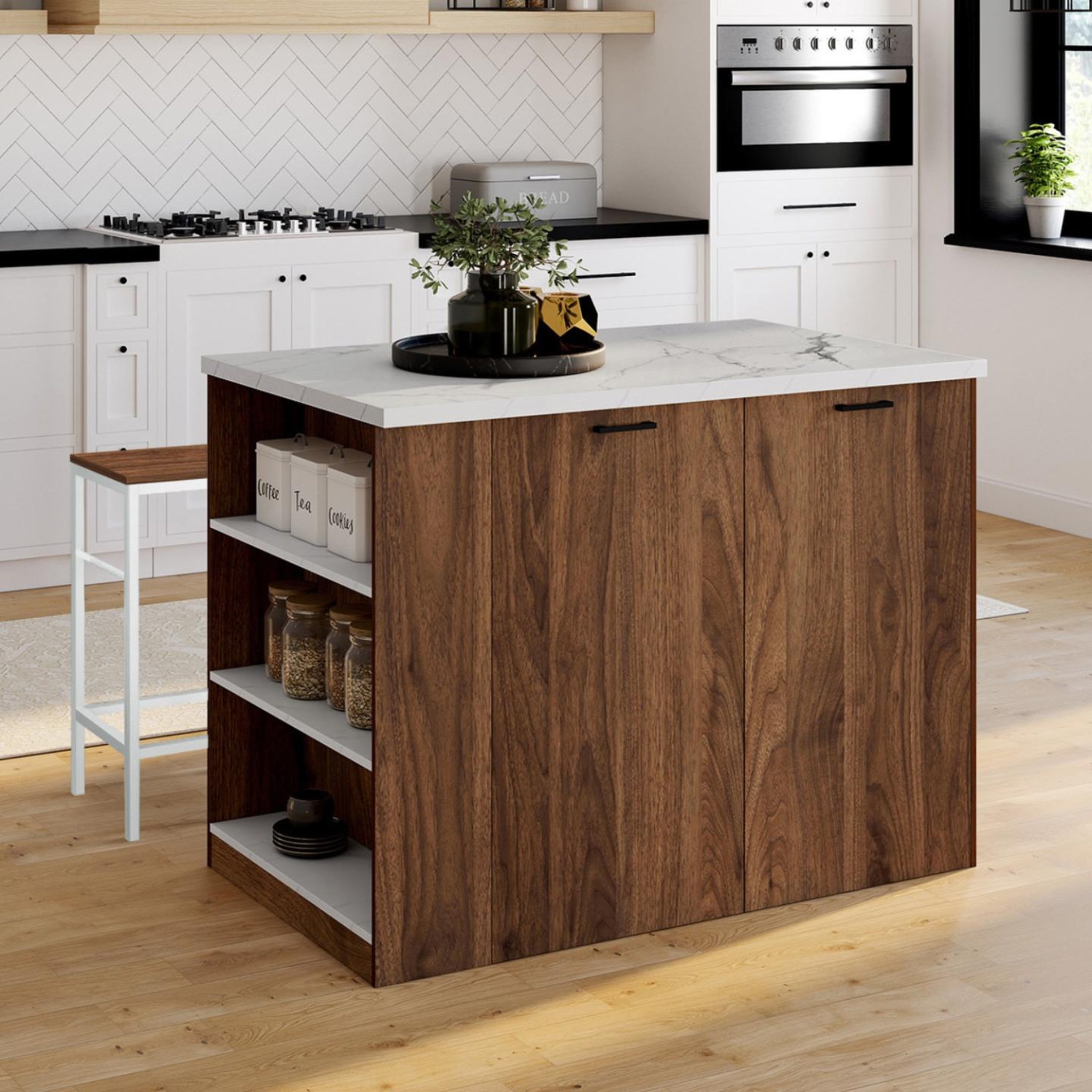 Voir la diapositive 2 : ID MARKET Ilot central tibo 120 cm bois foncé effet noyer avec plan de travail effet marbre alaska