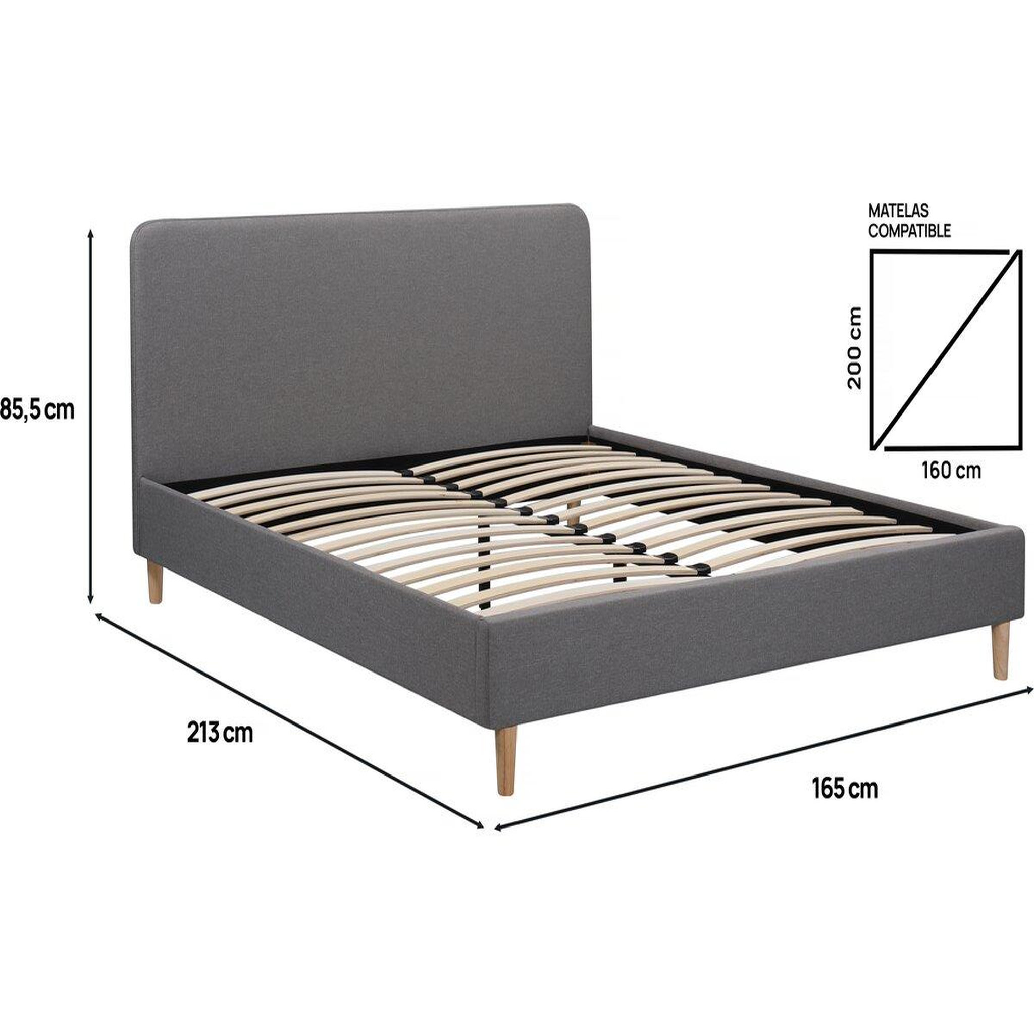 Voir la diapositive 3 : Habitat et Jardin Lit double en tissu  Louise  160 x 200 cm - Gris