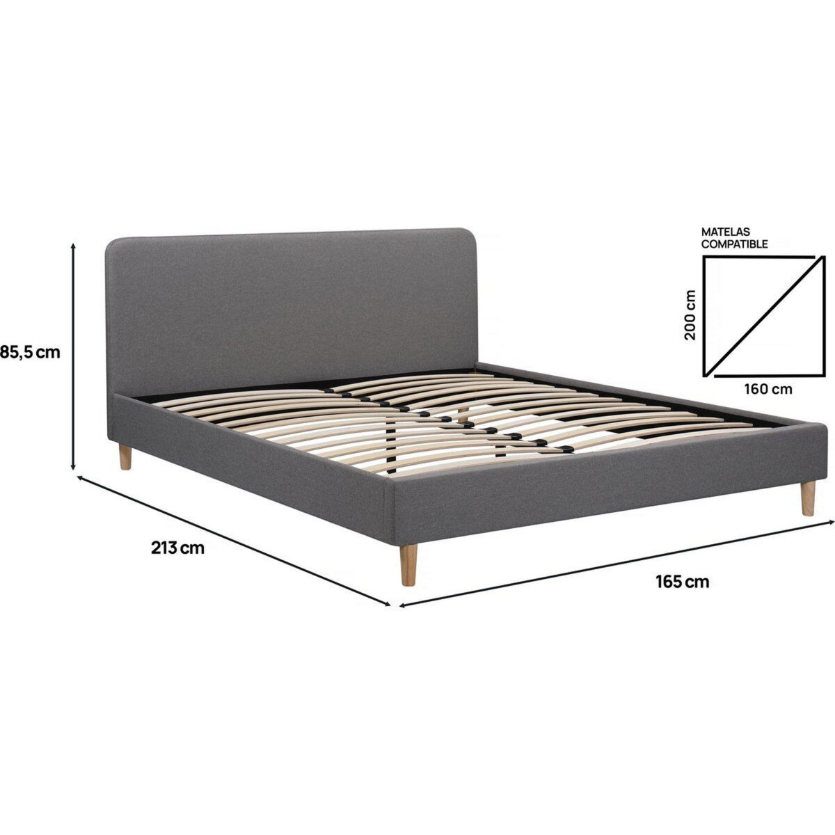 Habitat et Jardin Lit double en tissu  Louise  160 x 200 cm - Gris