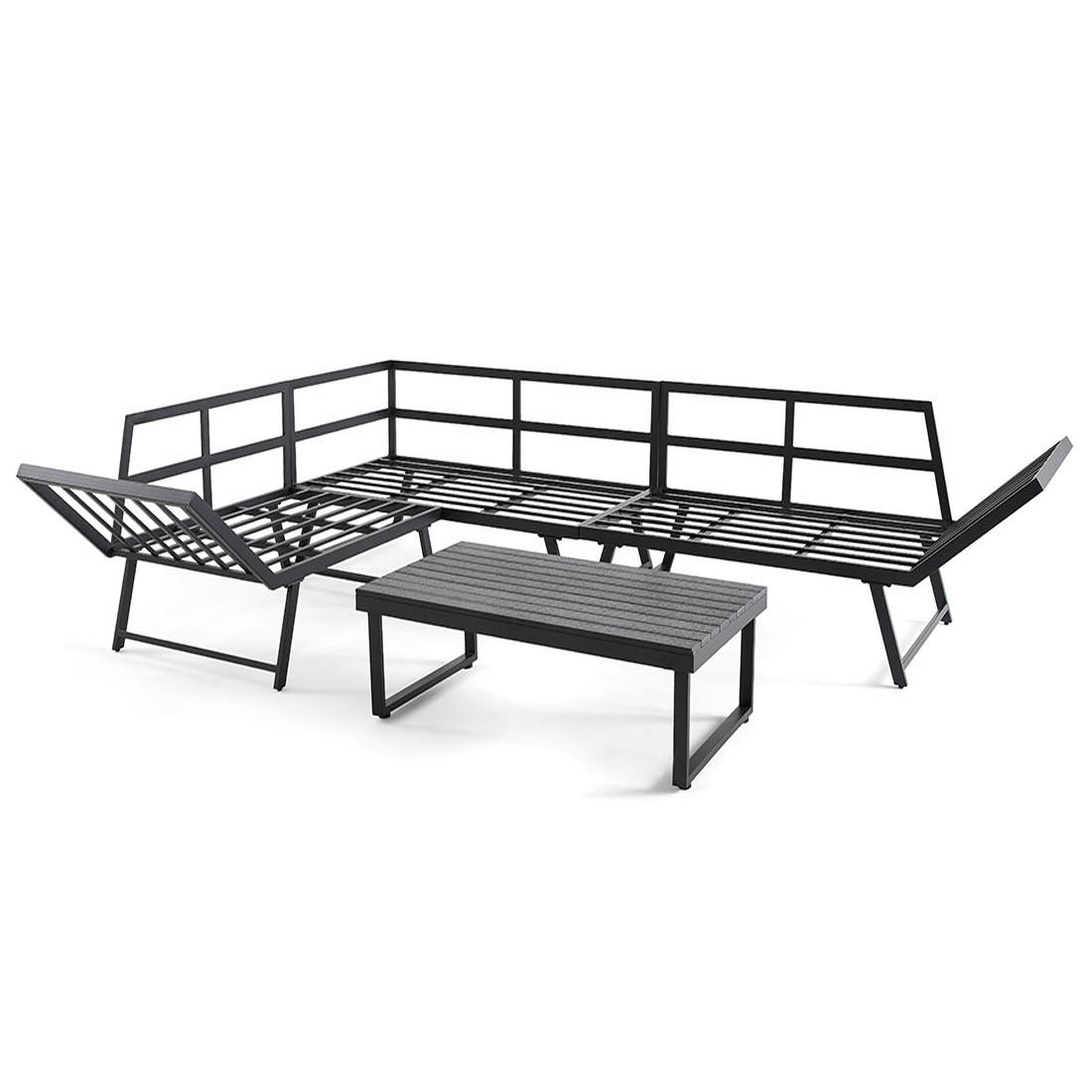 Voir la diapositive 6 : BEST MOBILIER Konna – salon de jardin d'angle en acier noir – 5 places - coussin gris et table incluse