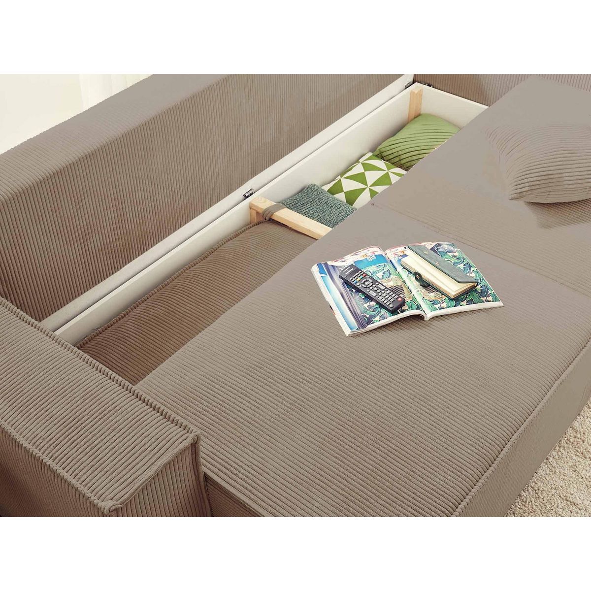 BEST MOBILIER Dellia - canapé 3 places convertible - avec coffre - en velours côtelé - style contemporain