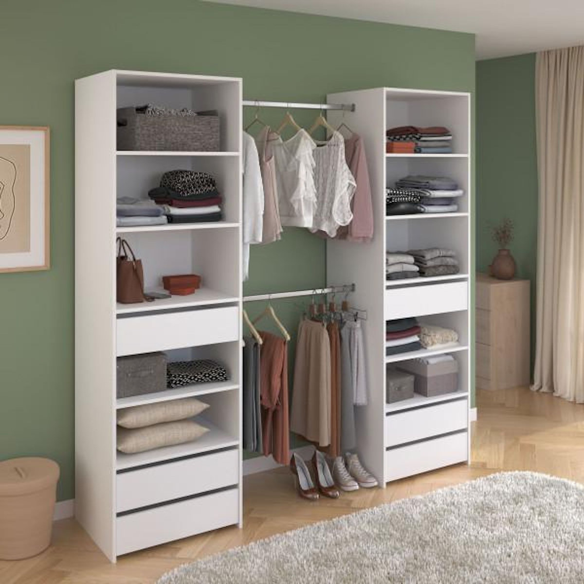 PARISOT Dressing - ANETO - Blanc - Double colonne - 6 tiroirs - 2 barres de penderie - L199,9 x H200 x P49,7 cm - PARISOT