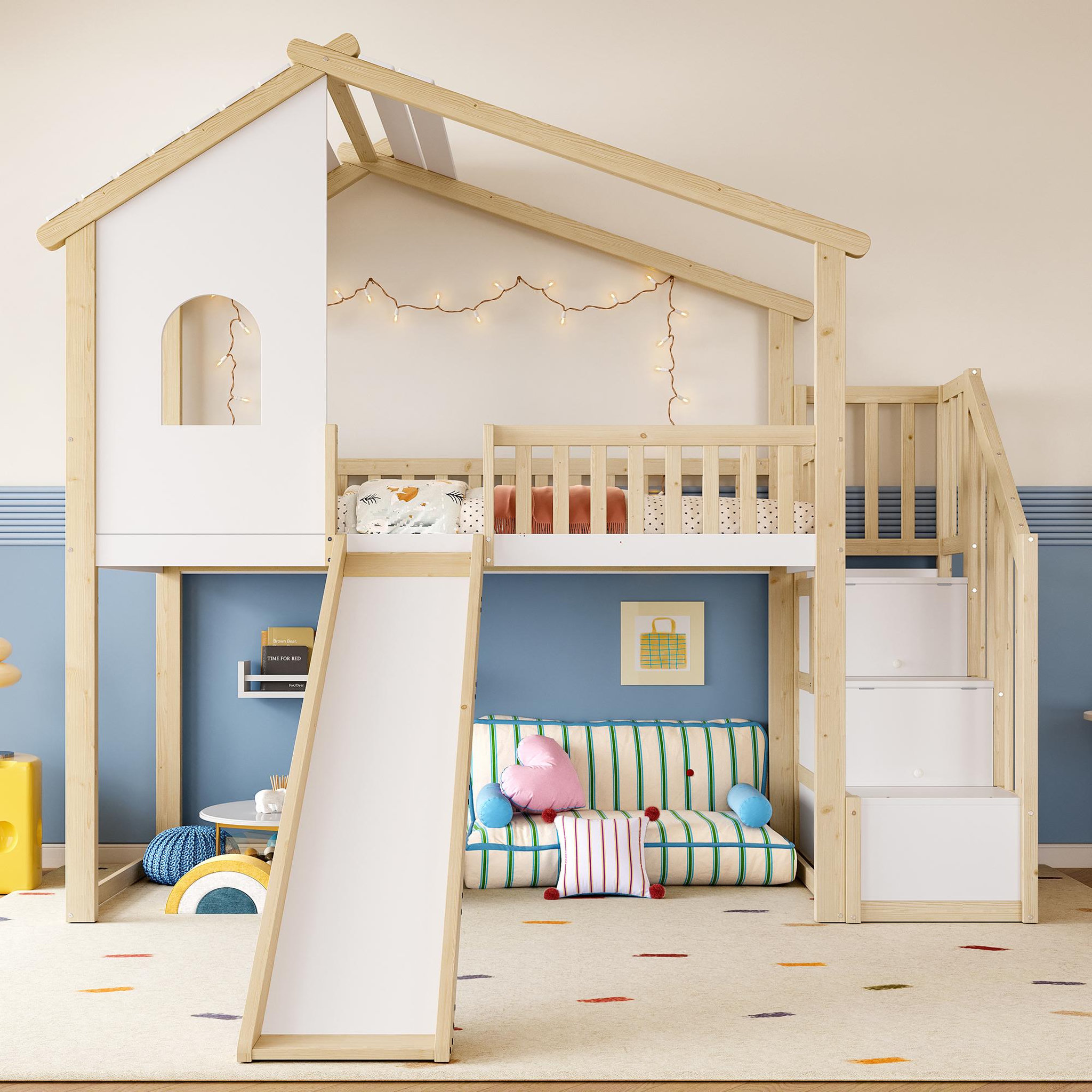 Voir la diapositive 2 : MERAX Lit combiné enfant 90x200cm coloris naturel+blanc pin