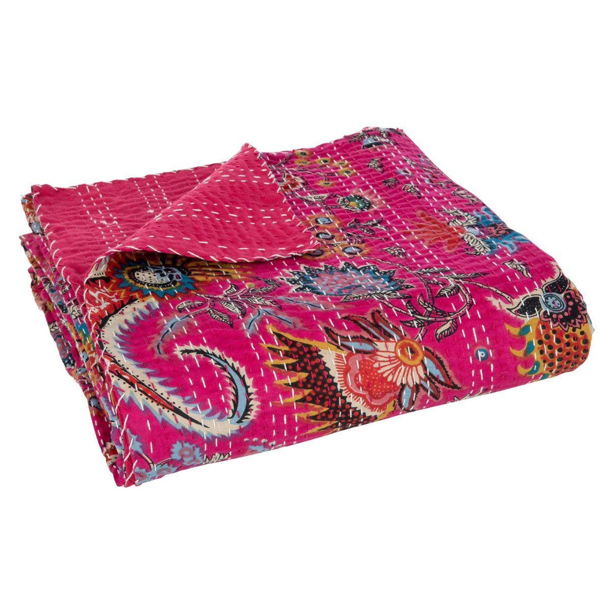 Voir la diapositive 2 : J-LINE Plaid en Coton Imprimé  Floral  220x270cm Rose