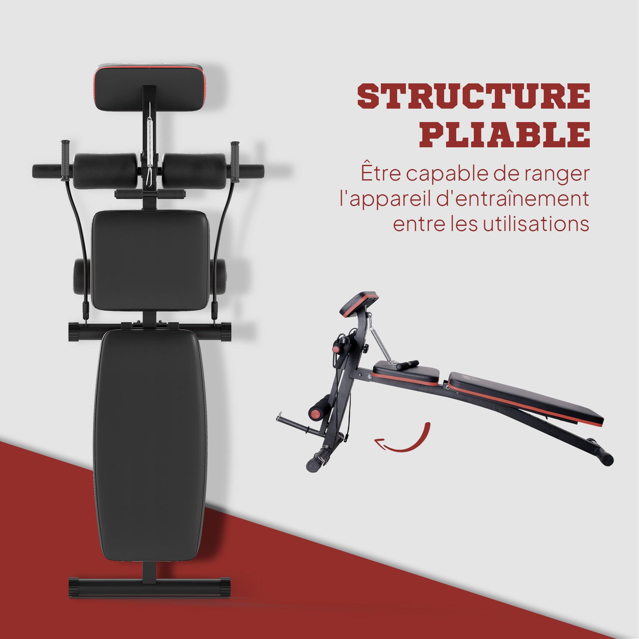 Voir la diapositive 4 : HOMCOM Banc de musculation pliable inclinable réglable sangles élastiques + support haltères inclus acier noir rouge