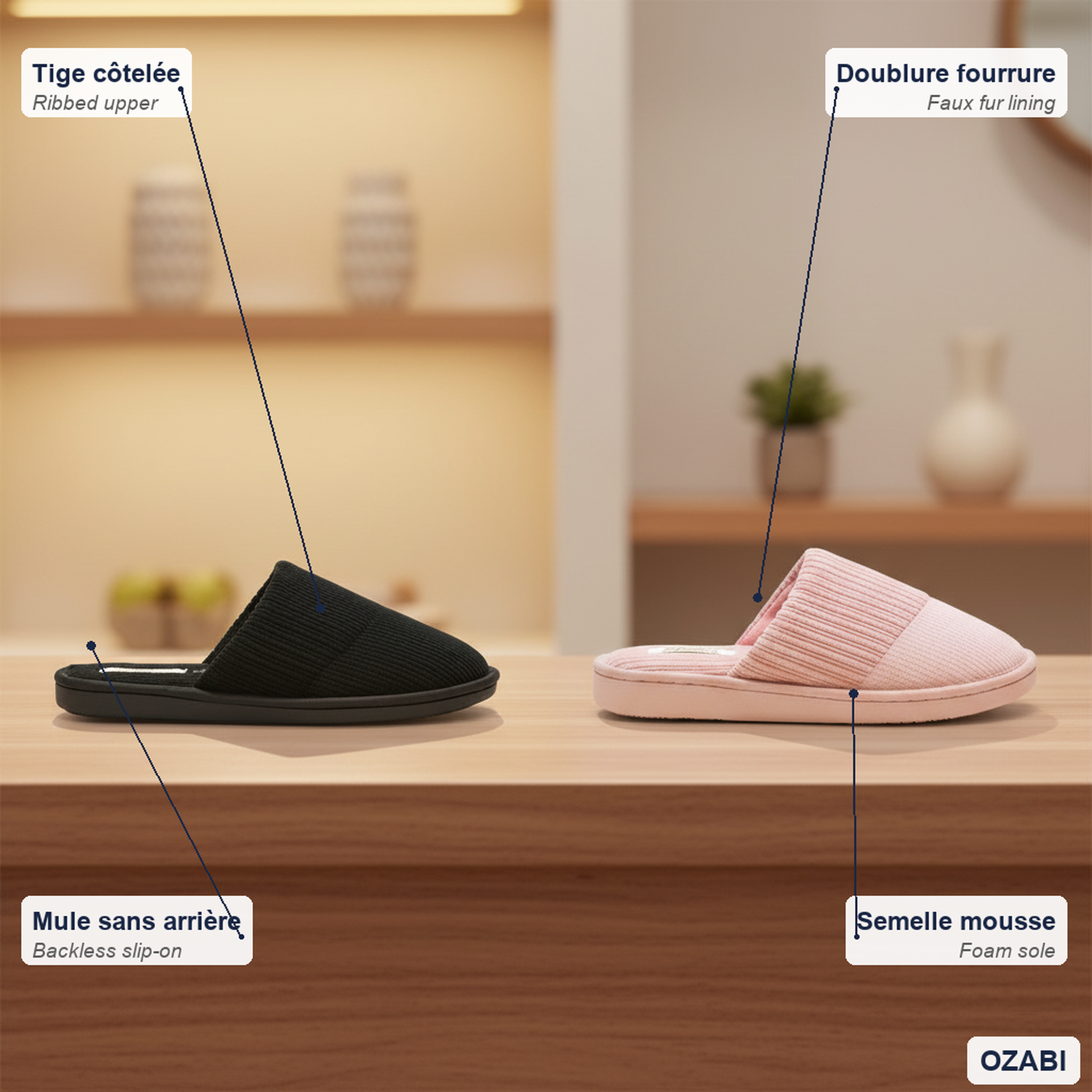 Voir la diapositive 5 : OZABI Infinitif paris pantoufles mules femme pack 2 paires tige côtelée semelle mousse