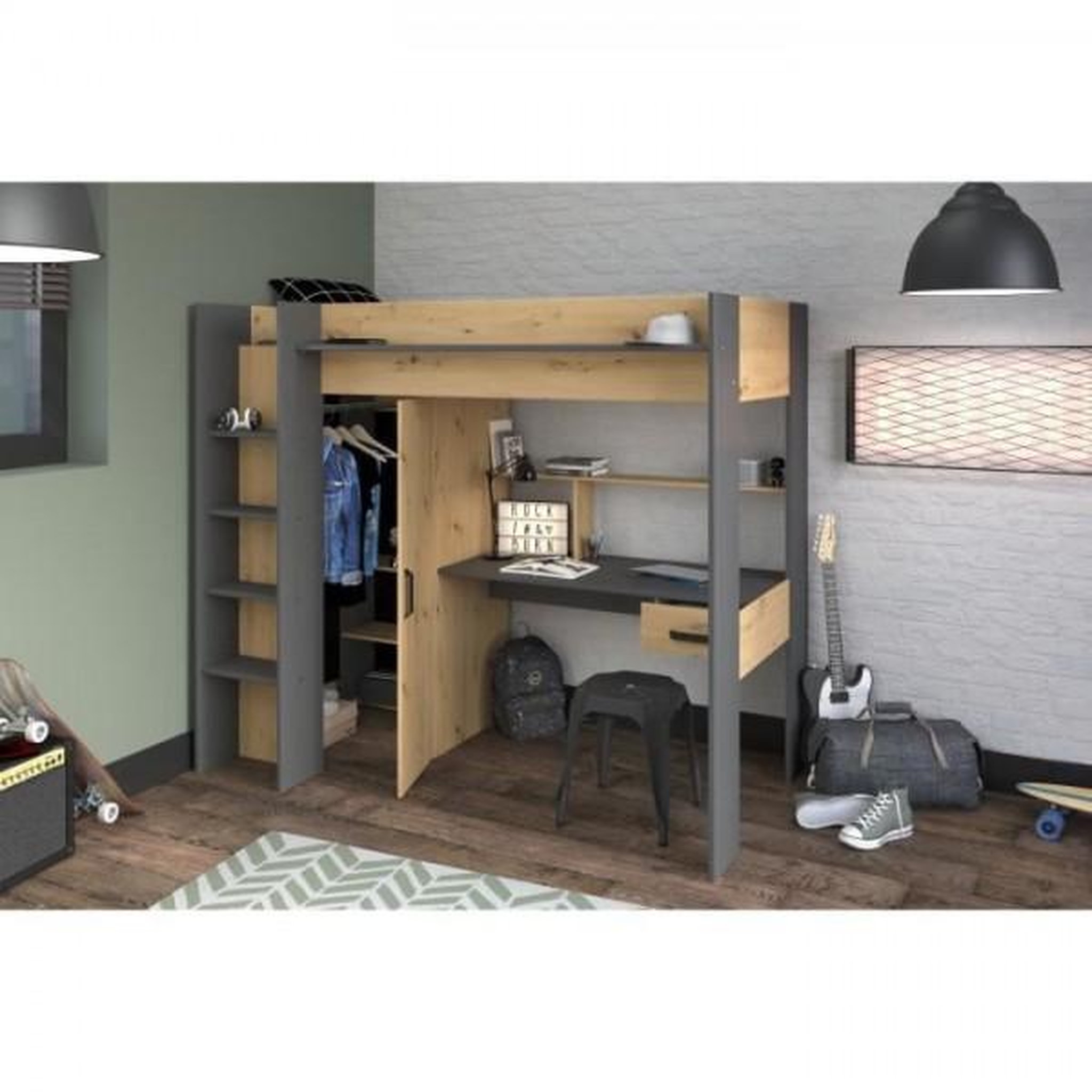 Voir la diapositive 2 : PARISOT Lit combiné mezzanine enfant PARISOT HIGH - Chene et gris - Sommier inclus - 90 x 200 cm
