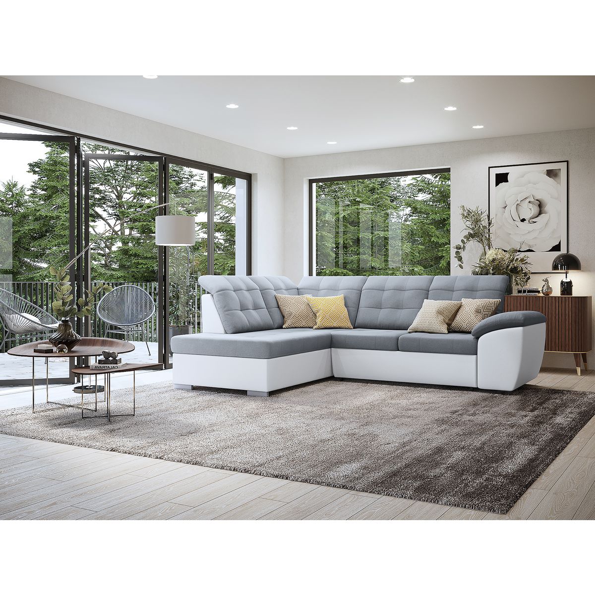 Canapé d'angle gauche convertible avec coffre et repose tête réglable en tissu gris + pu  blanc RECITAL