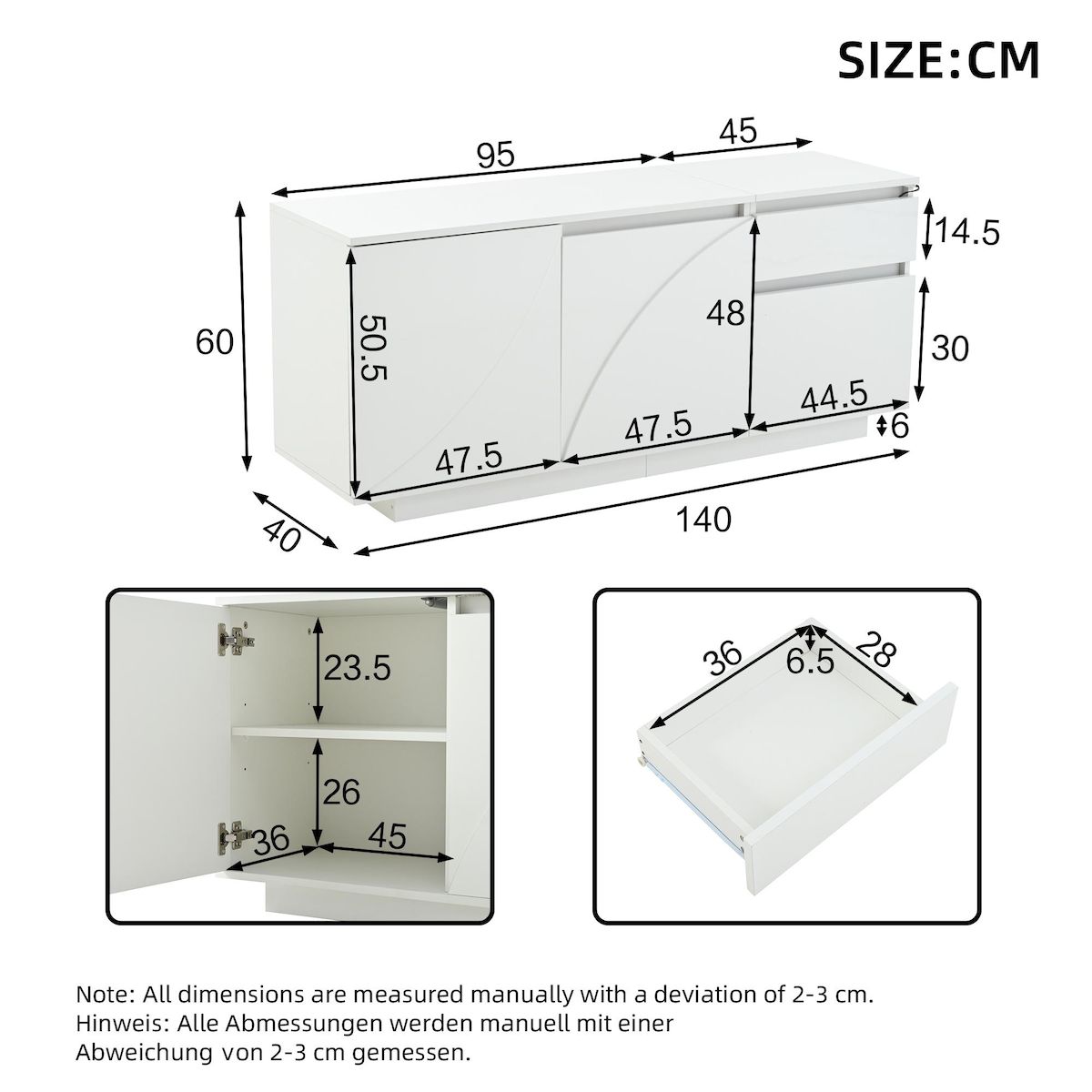 MERAX Buffet 3 porte(s) 1 tiroir(s) - 140 cm blanc led mdf