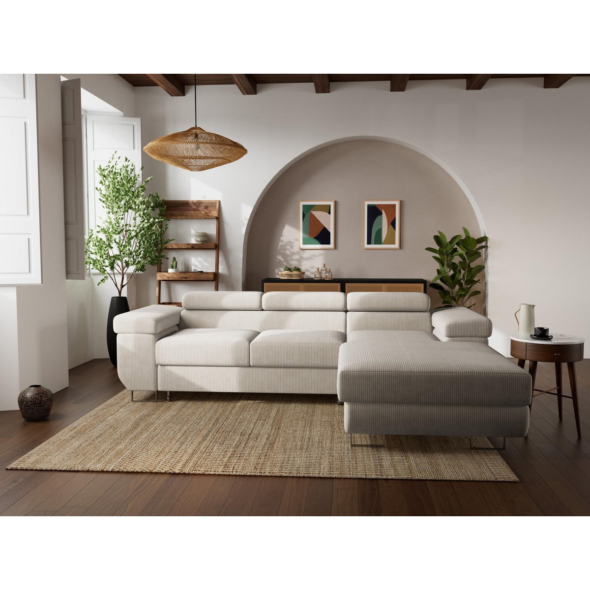 BEST MOBILIER Pablo - canapé d'angle droit - 6 places - convertible avec coffre et têtières réglables - en velours côtelé