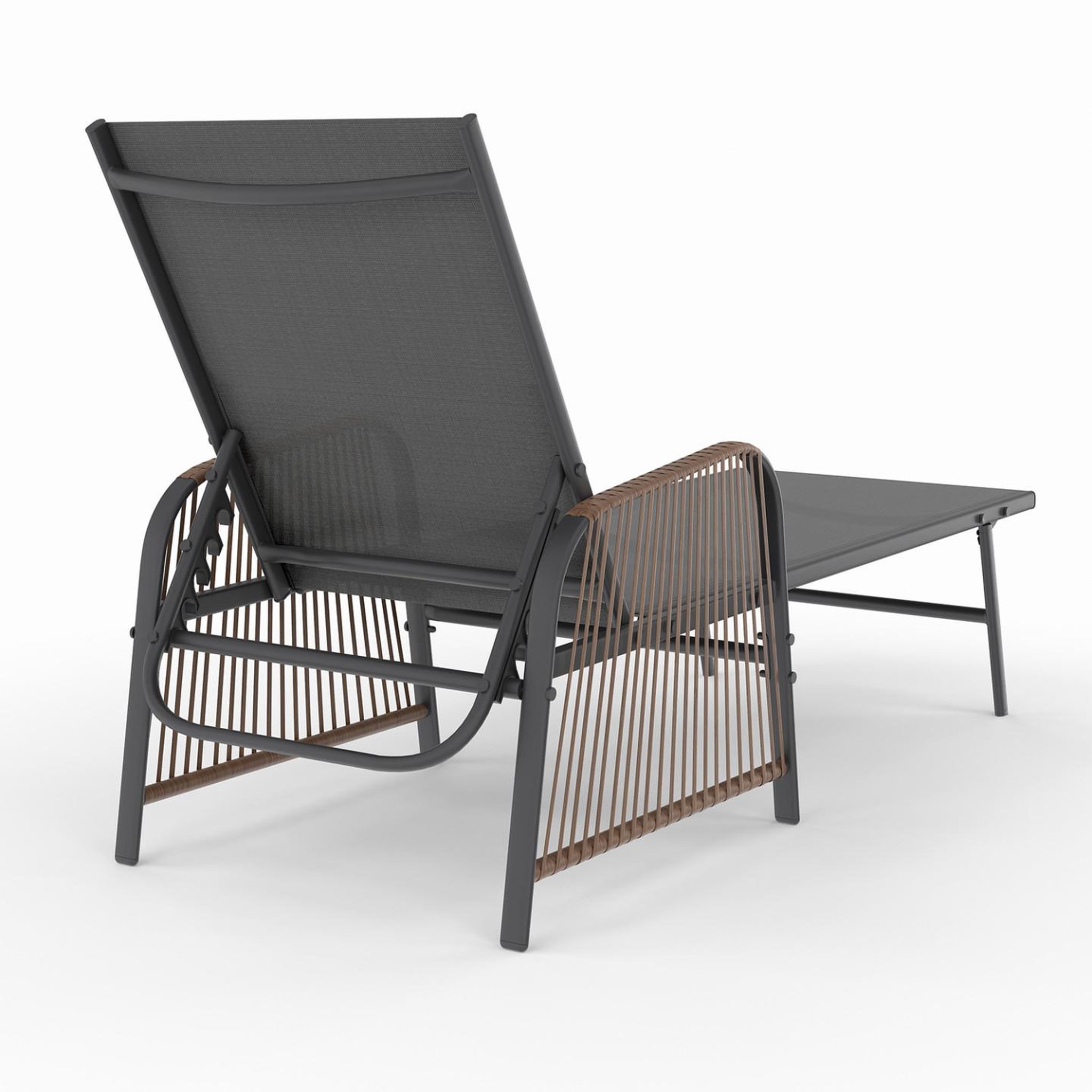 Voir la diapositive 4 : ID MARKET Lot de 2 transats de jardin inclinables rio en acier gris anthracite, cordage effet rotin avec accoudoirs et toile grise