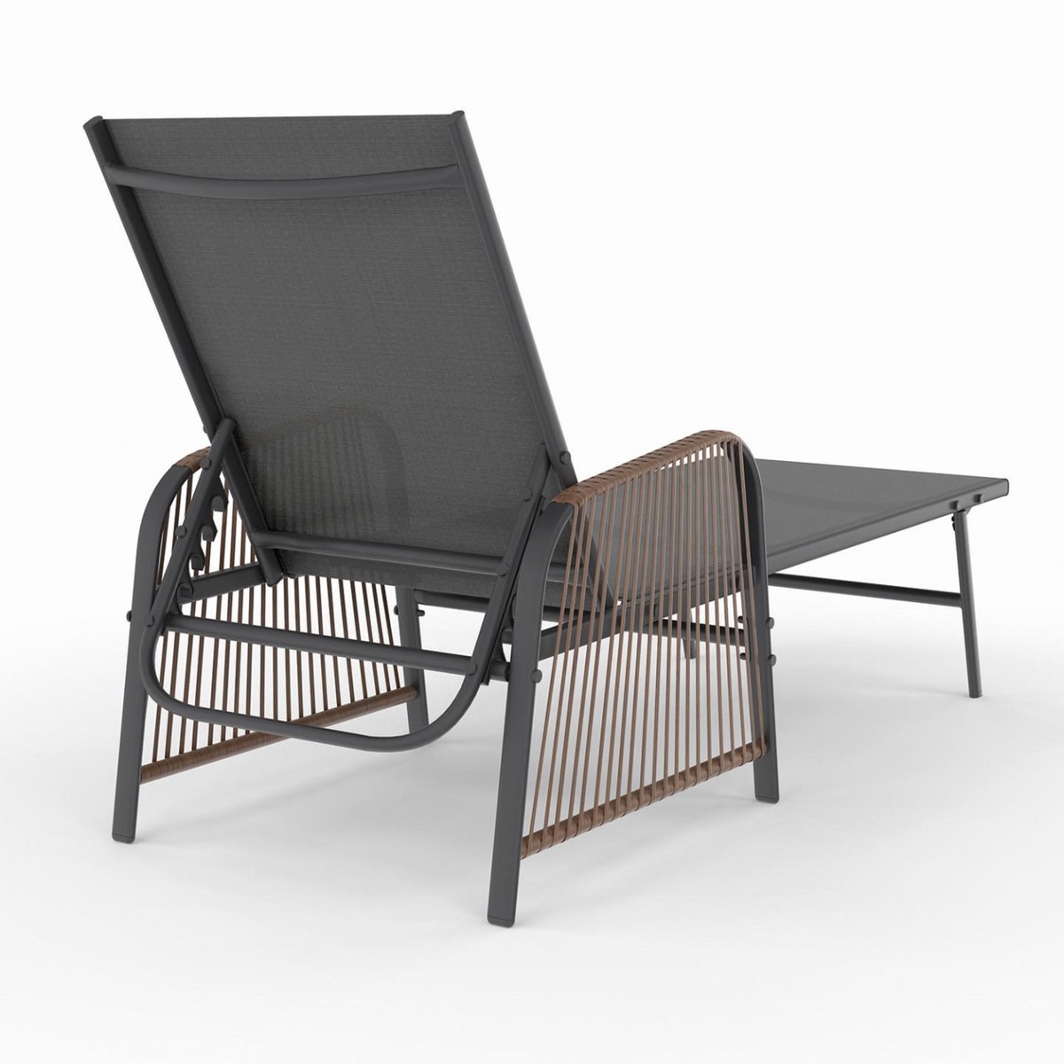 ID MARKET Lot de 2 transats de jardin inclinables RIO en acier gris anthracite, cordage effet rotin avec accoudoirs et toile grise