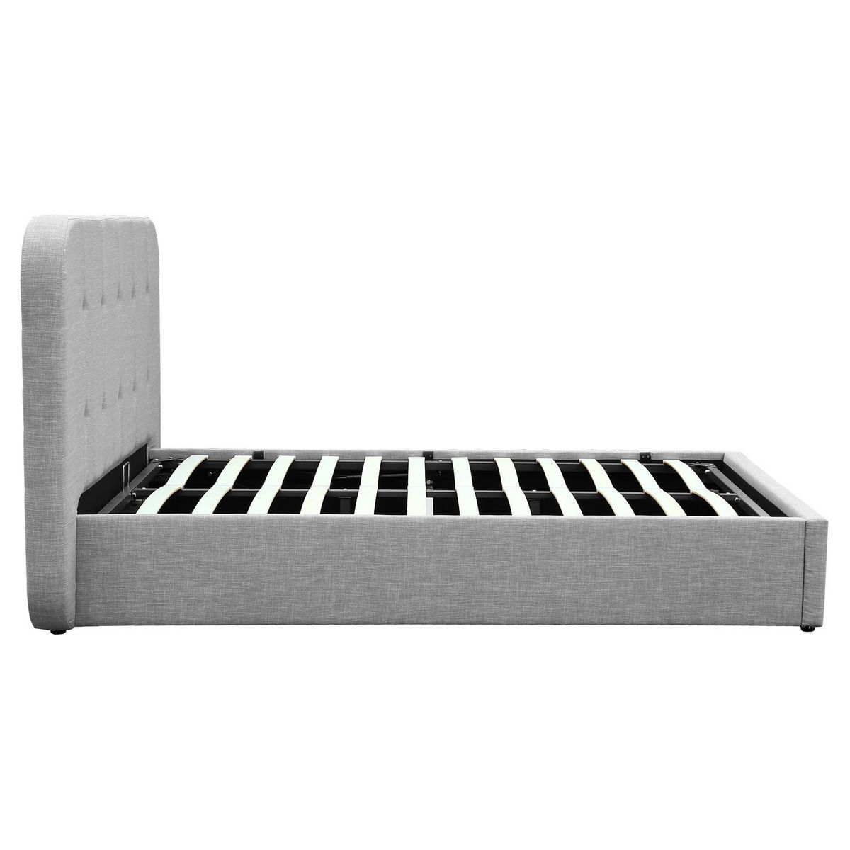 Lit coffre avec sommier relevable et tête de lit capitonnée en tissu gris clair 140x190 cm JOHN