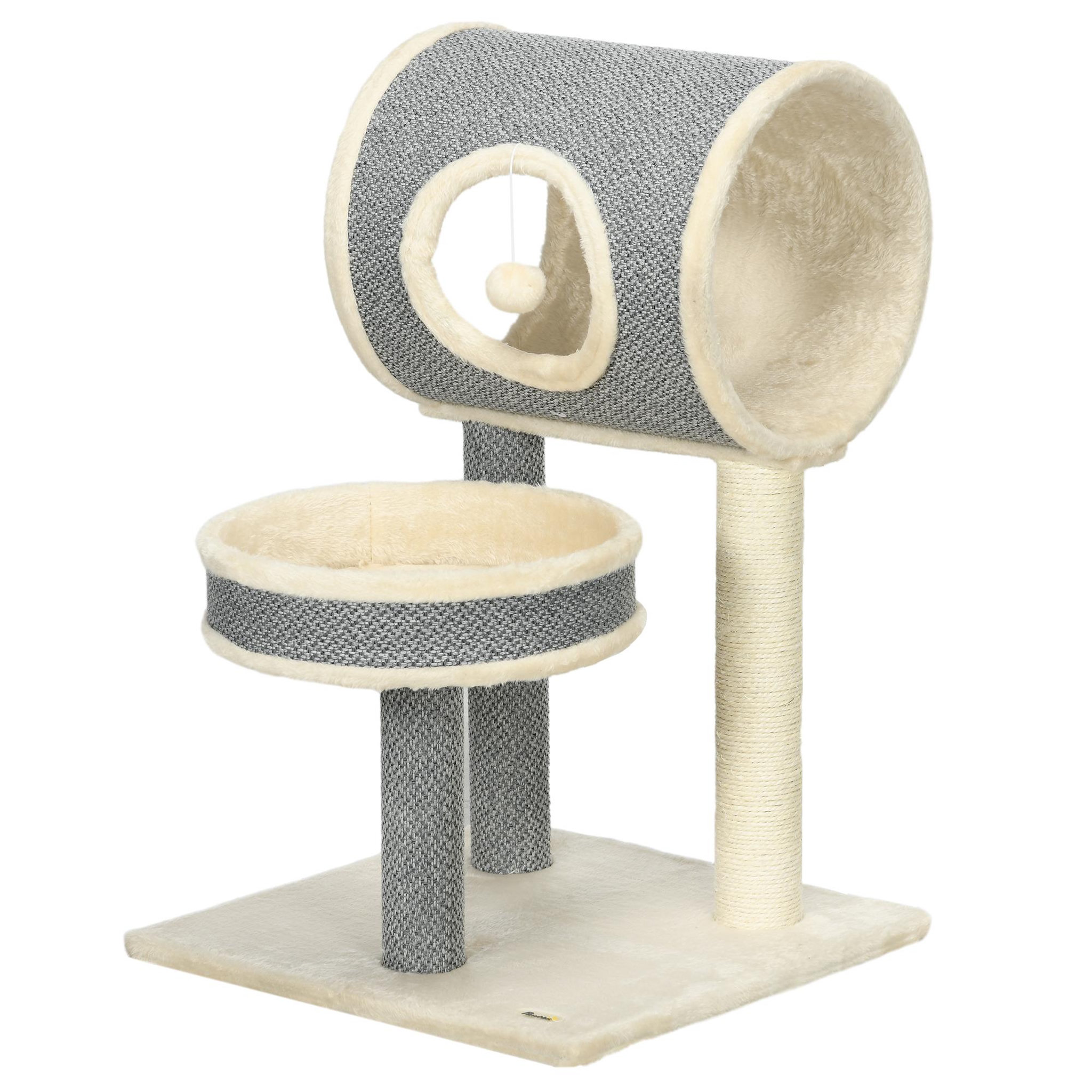Voir la diapositive 1 : PAWHUT Arbre à chat style cosy chic griffoir sisal naturel plateforme tunnel jeu boule peluche courte aspect lin tressé gris