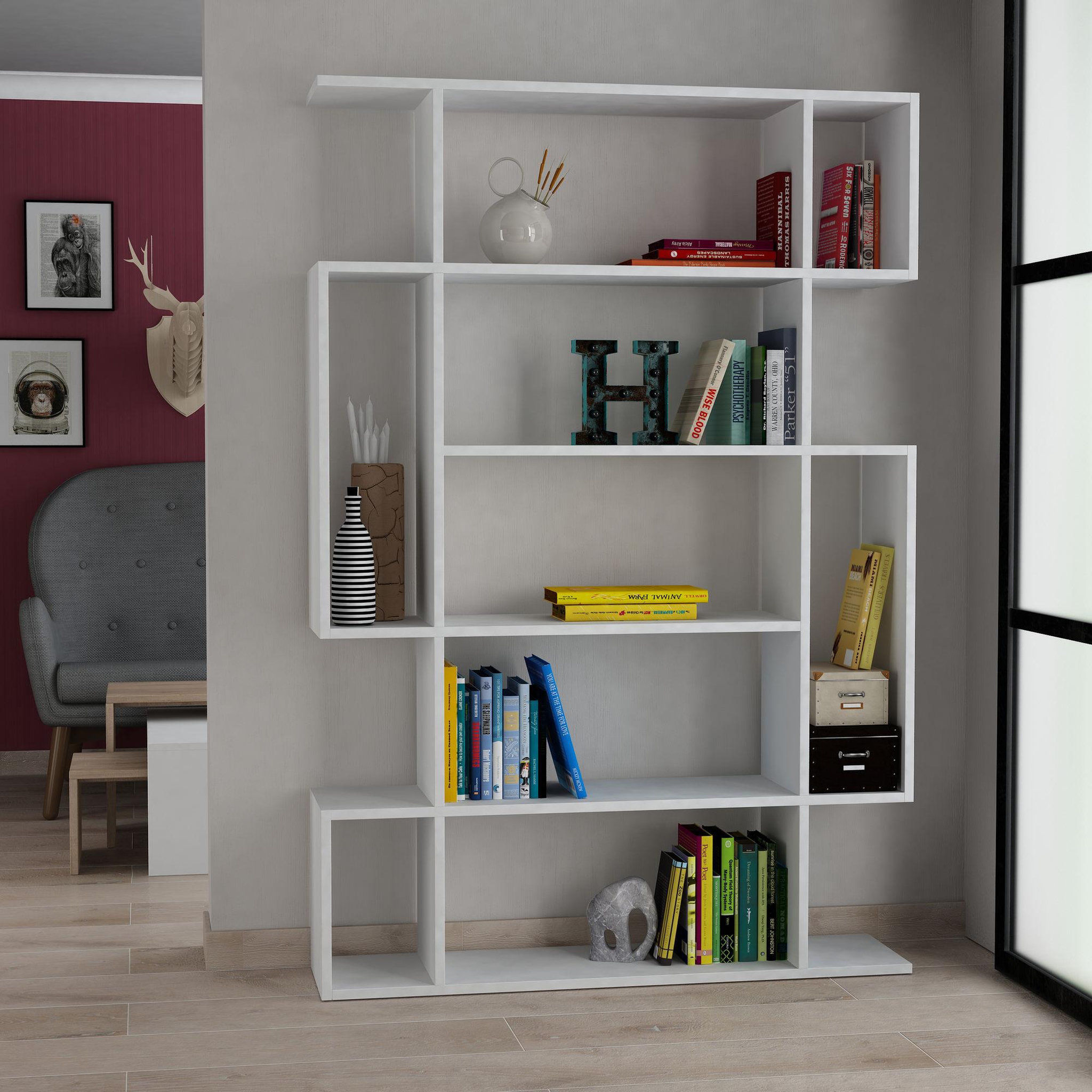 Voir la diapositive 2 : Habitat et Jardin Bibliothèque en bois  mito  - 110 x 25 x 161 cm - blanc